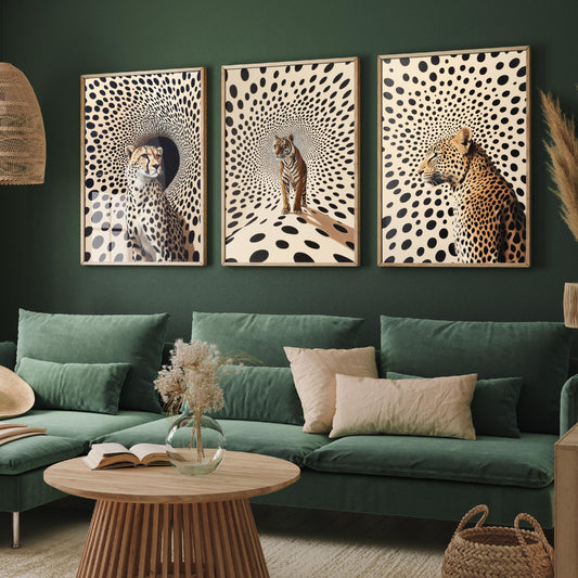 Big Cats Set of Three Art Prints - 3 Cheetah Tiger Leopard Posters - Black Cream Op Art Spot Wildlife Wall Decor Illustration