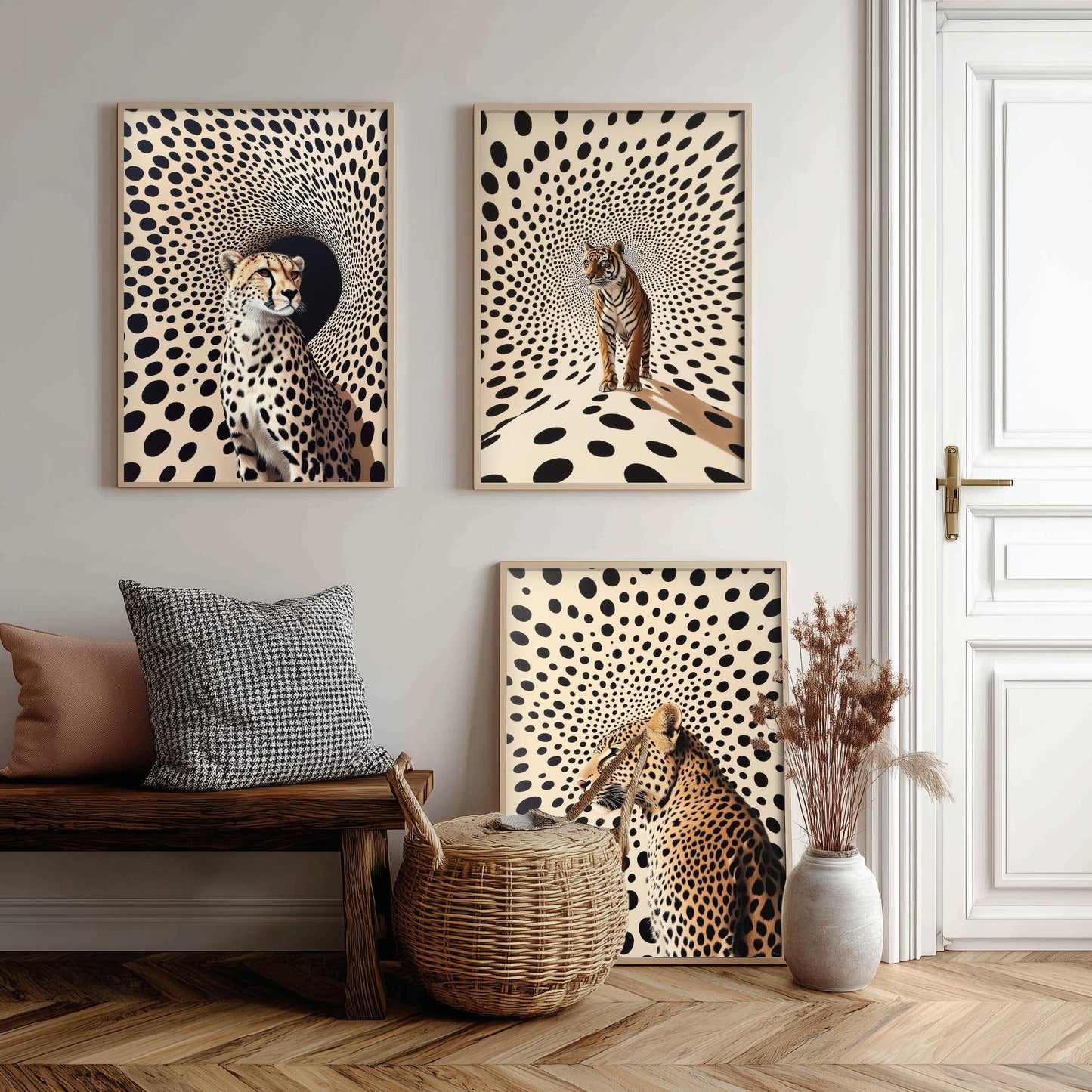 Big Cats Set of Three Art Prints - 3 Cheetah Tiger Leopard Posters - Black Cream Op Art Spot Wildlife Wall Decor Illustration