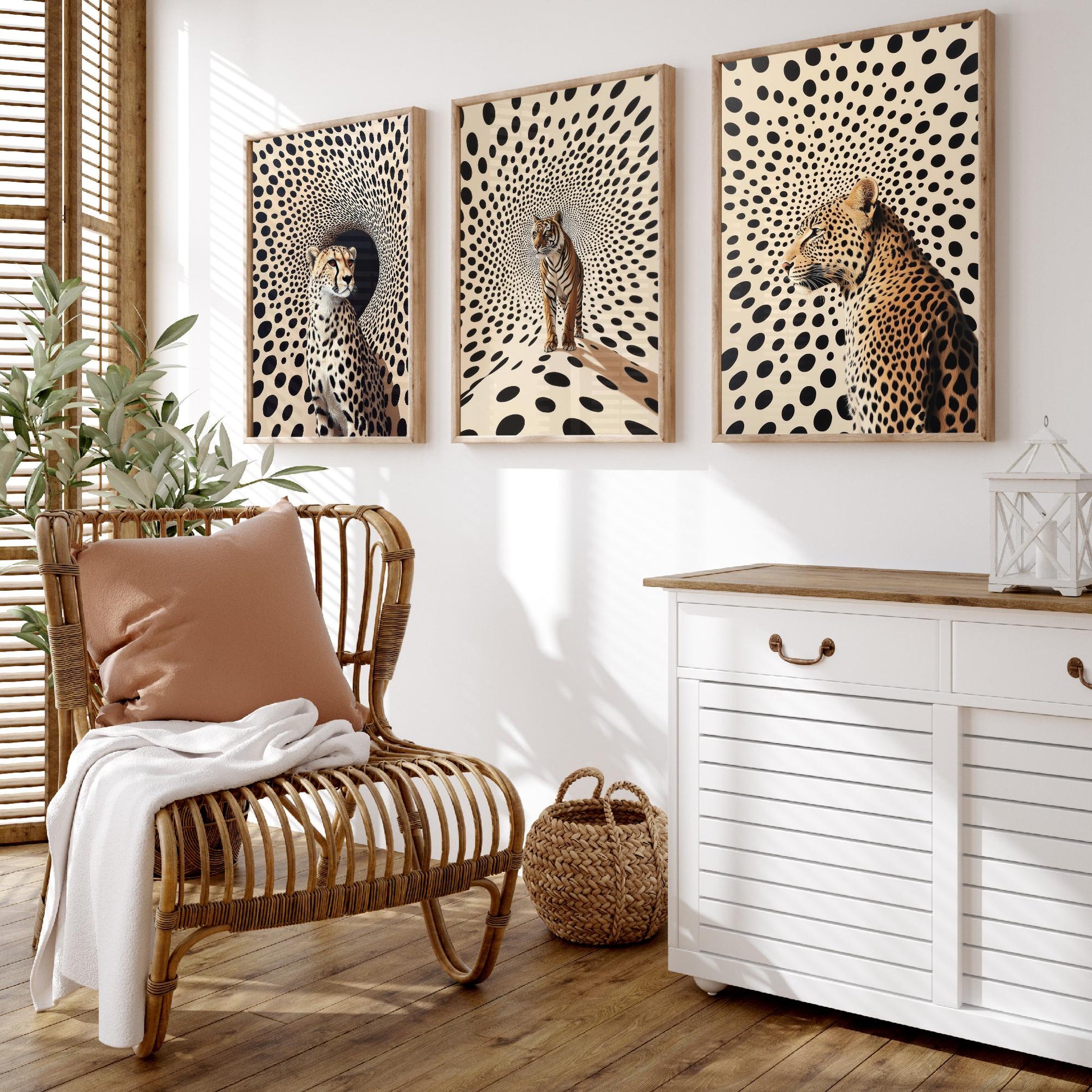 Big Cats Set of Three Art Prints - 3 Cheetah Tiger Leopard Posters - Black Cream Op Art Spot Wildlife Wall Decor Illustration