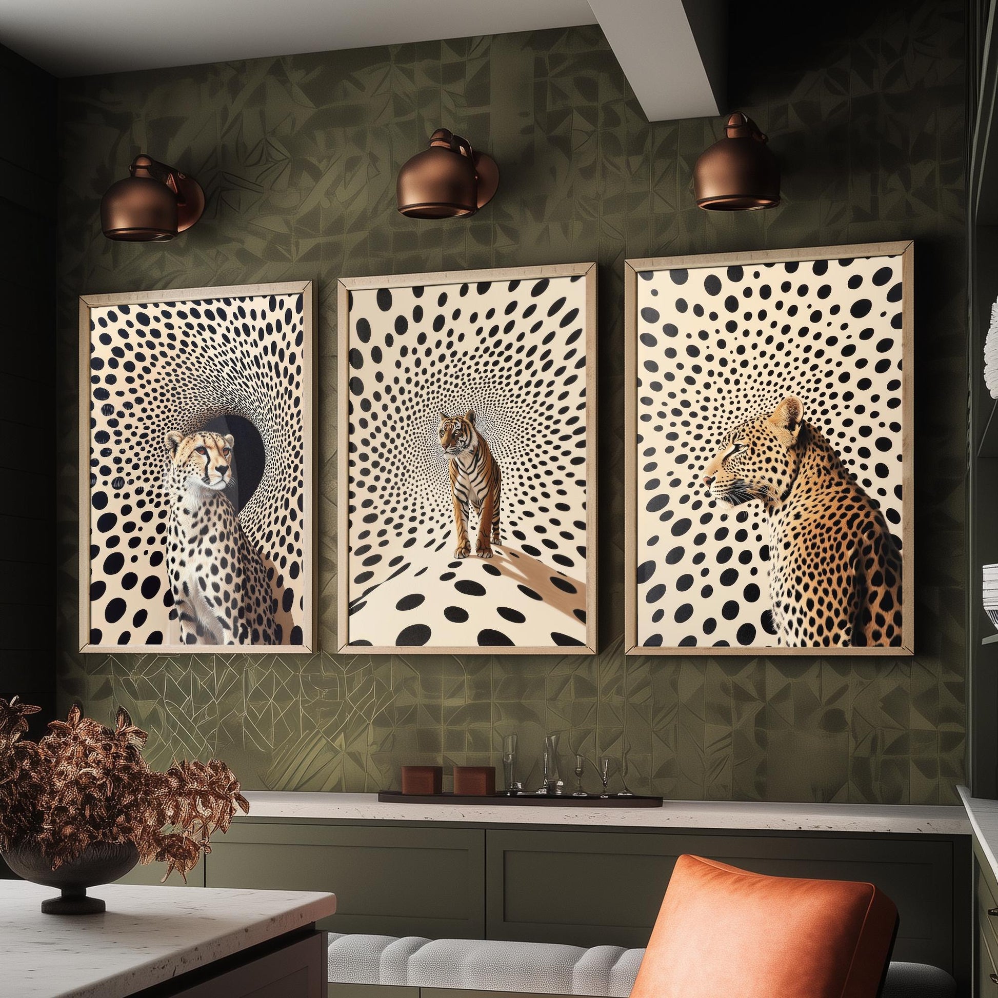 Big Cats Set of Three Art Prints - 3 Cheetah Tiger Leopard Posters - Black Cream Op Art Spot Wildlife Wall Decor Illustration