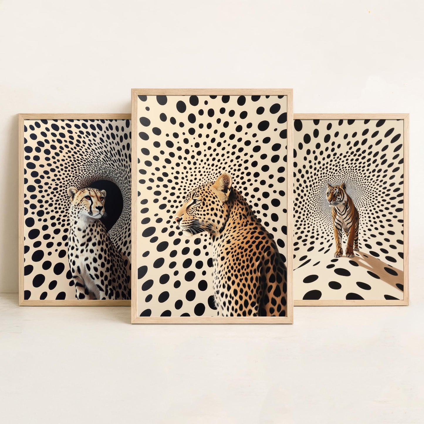 Big Cats Set of Three Art Prints - 3 Cheetah Tiger Leopard Posters - Black Cream Op Art Spot Wildlife Wall Decor Illustration