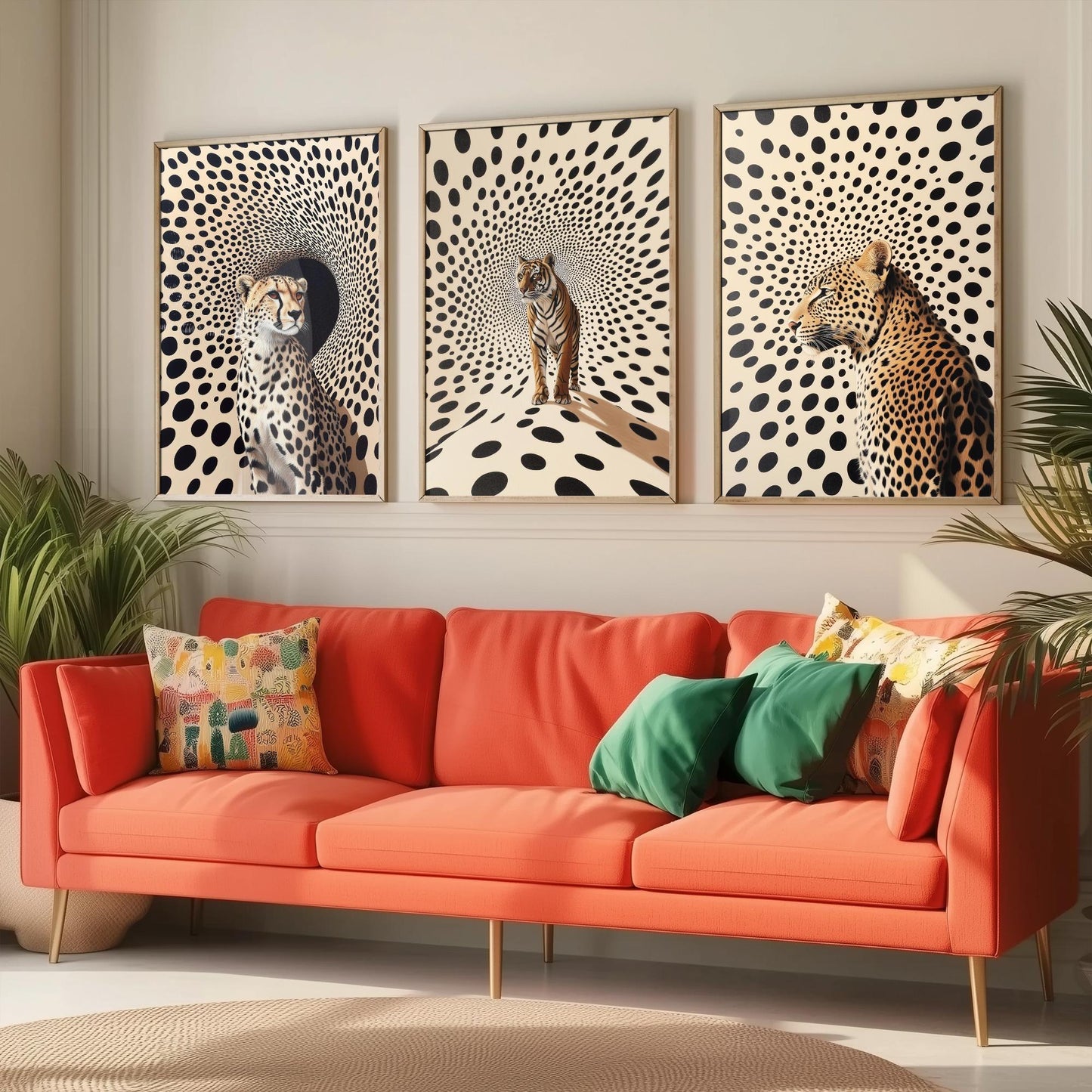 Big Cats Set of Three Art Prints - 3 Cheetah Tiger Leopard Posters - Black Cream Op Art Spot Wildlife Wall Decor Illustration
