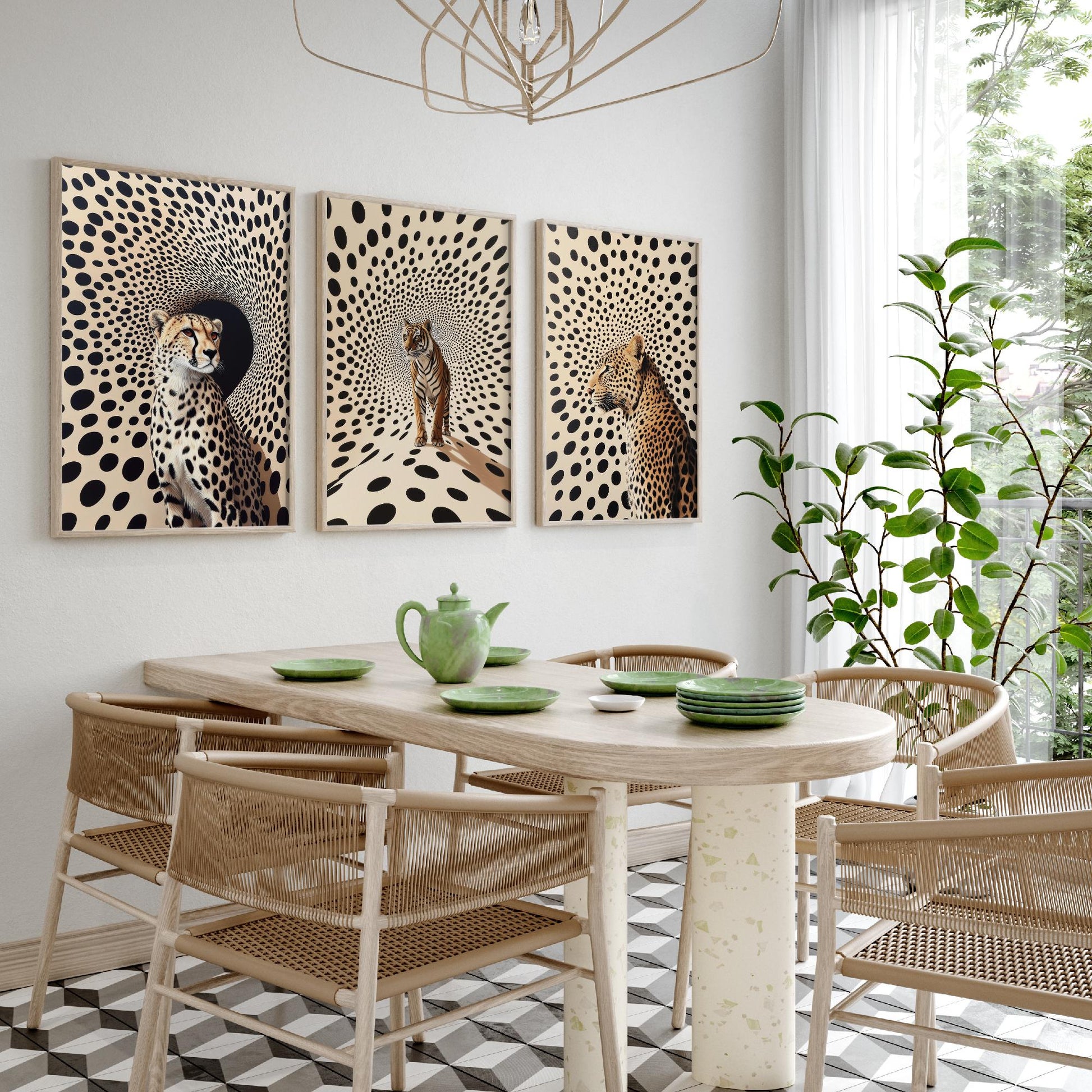 Big Cats Set of Three Art Prints - 3 Cheetah Tiger Leopard Posters - Black Cream Op Art Spot Wildlife Wall Decor Illustration