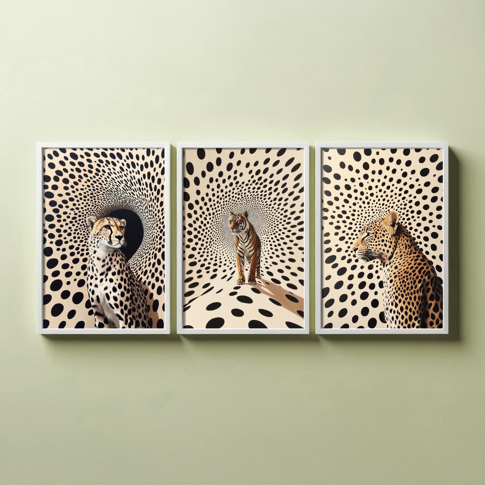 Big Cats Set of Three Art Prints - 3 Cheetah Tiger Leopard Posters - Black Cream Op Art Spot Wildlife Wall Decor Illustration