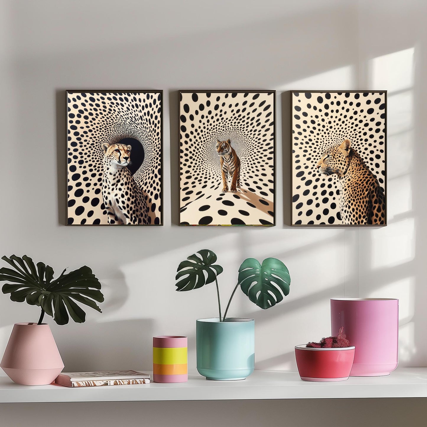 Big Cats Set of Three Art Prints - 3 Cheetah Tiger Leopard Posters - Black Cream Op Art Spot Wildlife Wall Decor Illustration