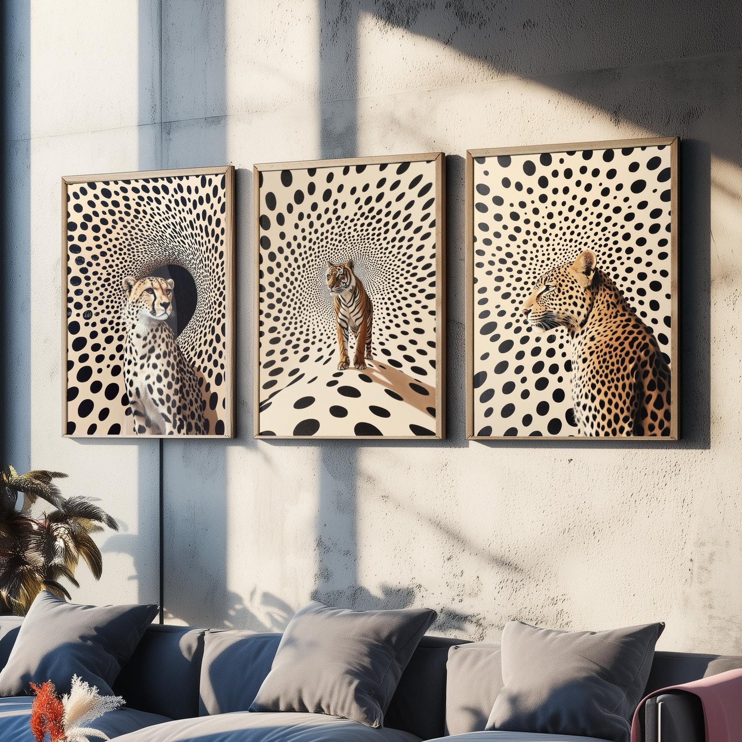 Big Cats Set of Three Art Prints - 3 Cheetah Tiger Leopard Posters - Black Cream Op Art Spot Wildlife Wall Decor Illustration