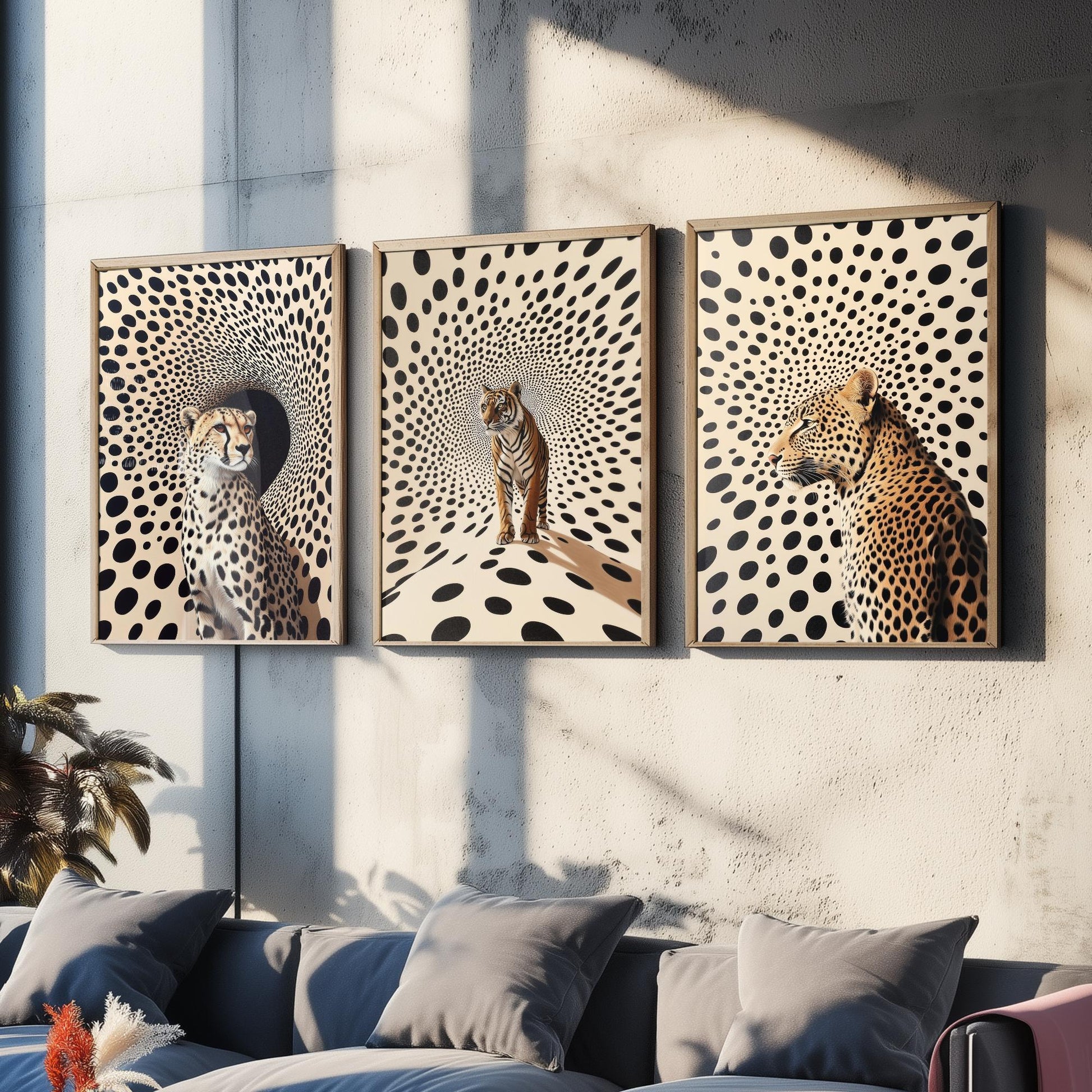 Big Cats Set of Three Art Prints - 3 Cheetah Tiger Leopard Posters - Black Cream Op Art Spot Wildlife Wall Decor Illustration