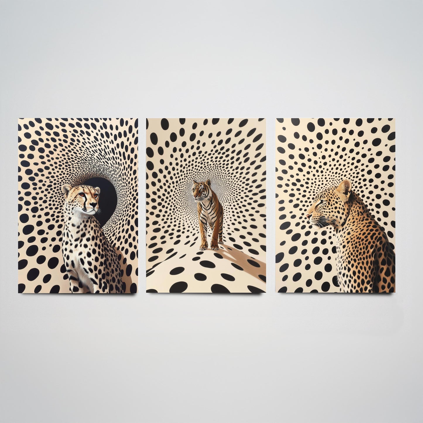 Big Cats Set of Three Art Prints - 3 Cheetah Tiger Leopard Posters - Black Cream Op Art Spot Wildlife Wall Decor Illustration
