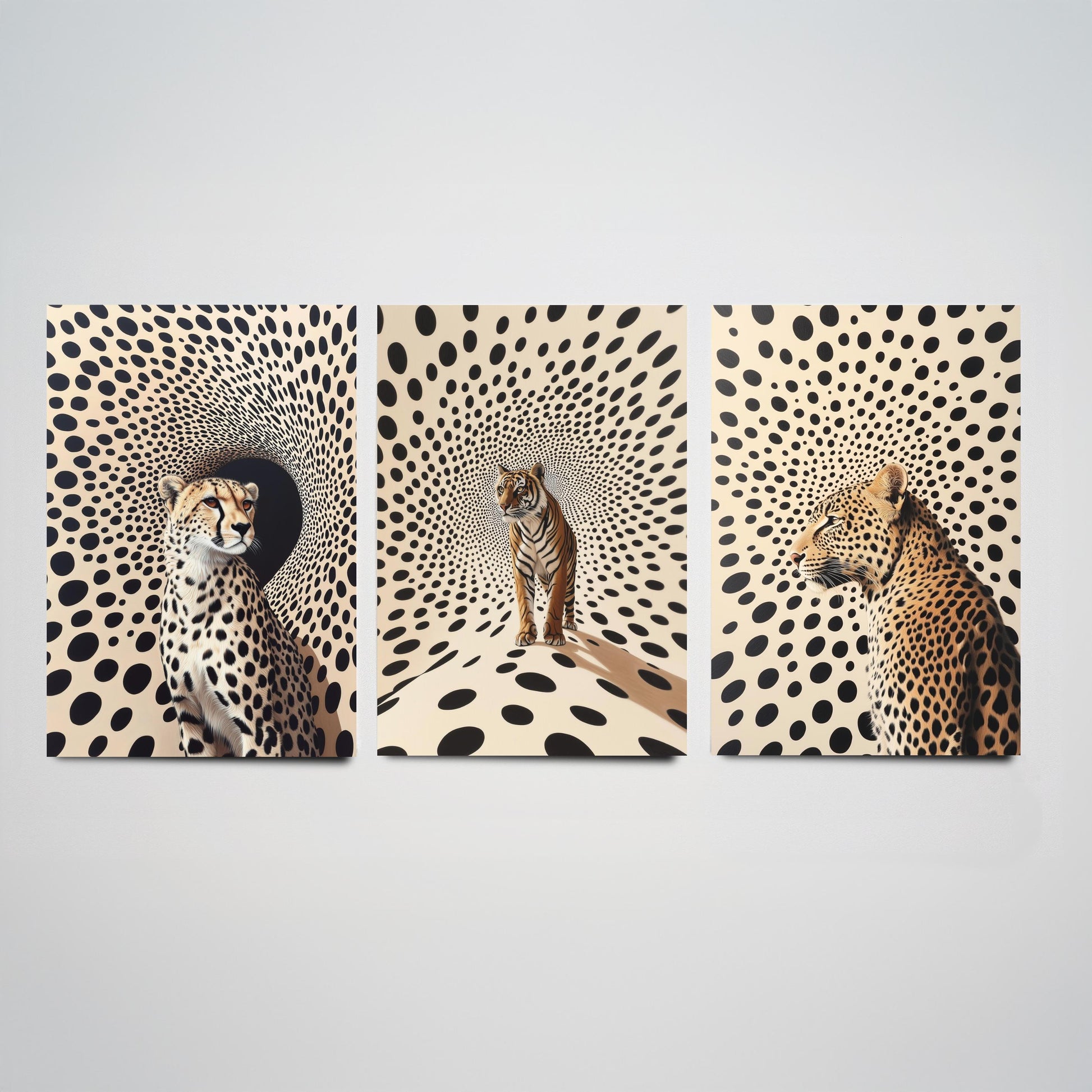 Big Cats Set of Three Art Prints - 3 Cheetah Tiger Leopard Posters - Black Cream Op Art Spot Wildlife Wall Decor Illustration