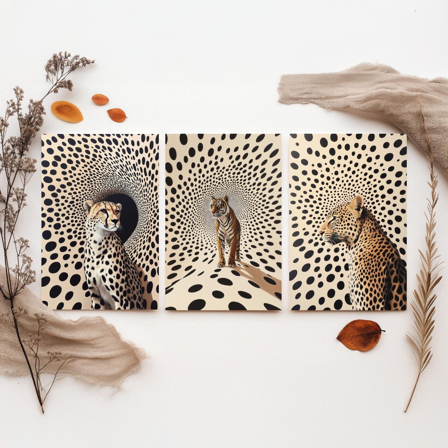 Big Cats Set of Three Art Prints - 3 Cheetah Tiger Leopard Posters - Black Cream Op Art Spot Wildlife Wall Decor Illustration