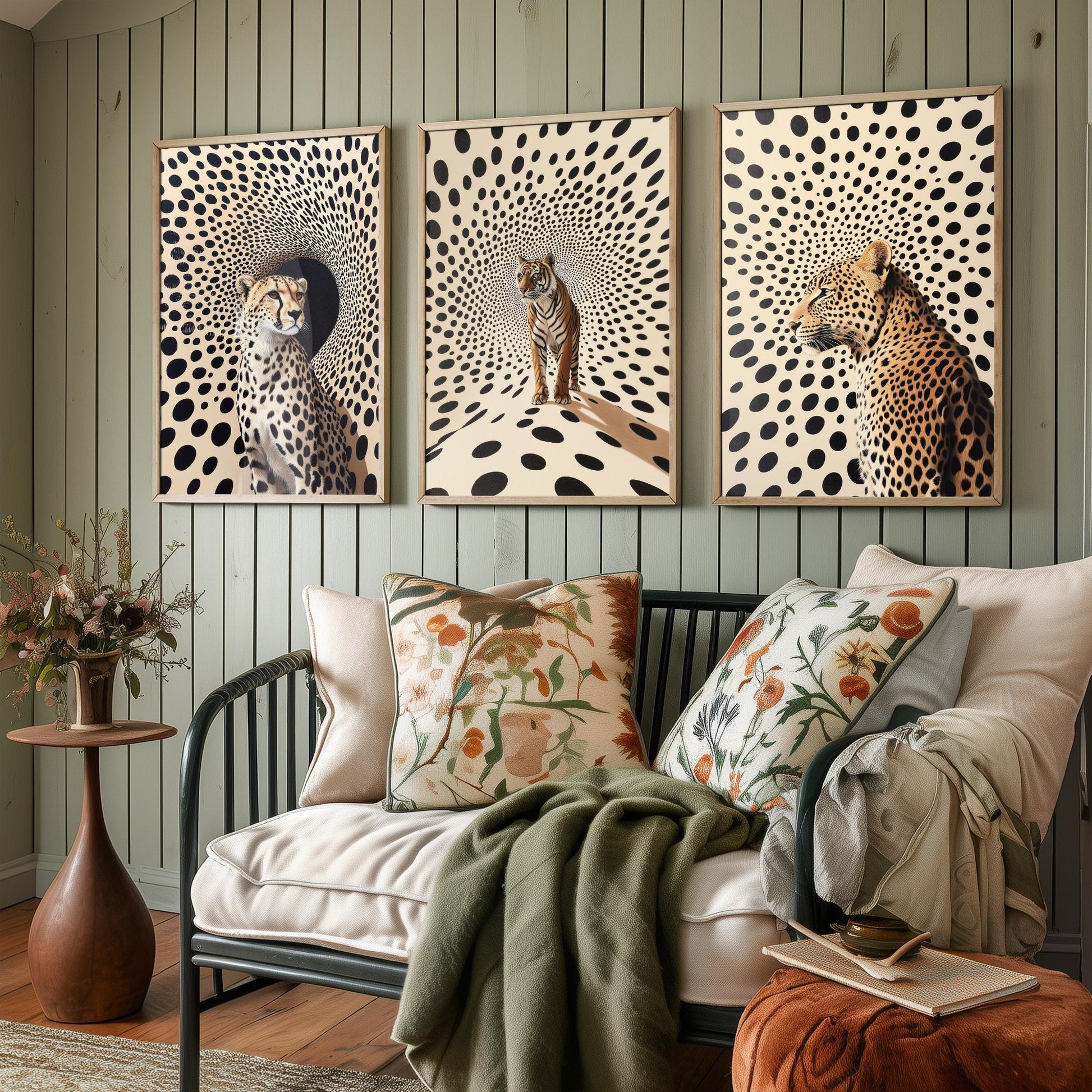 Big Cats Set of Three Art Prints - 3 Cheetah Tiger Leopard Posters - Black Cream Op Art Spot Wildlife Wall Decor Illustration