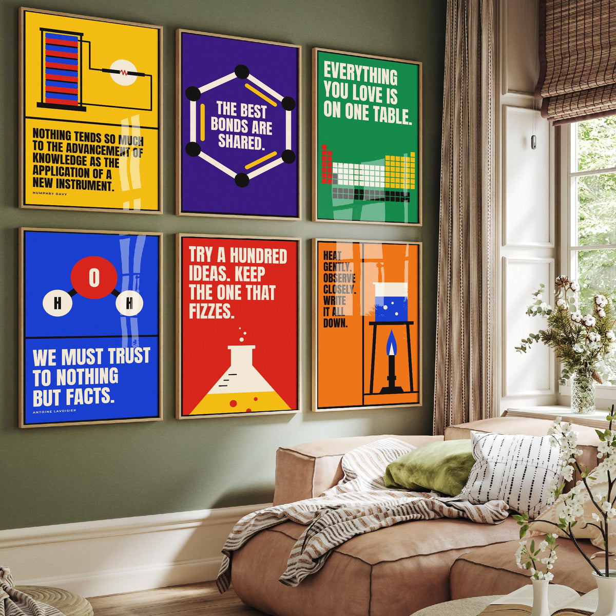 Set of Six Chemistry Quote Art Prints - 6 Bauhaus Science Posters - Minimalist Science Illustration - Periodic Table, Flask, Benzene