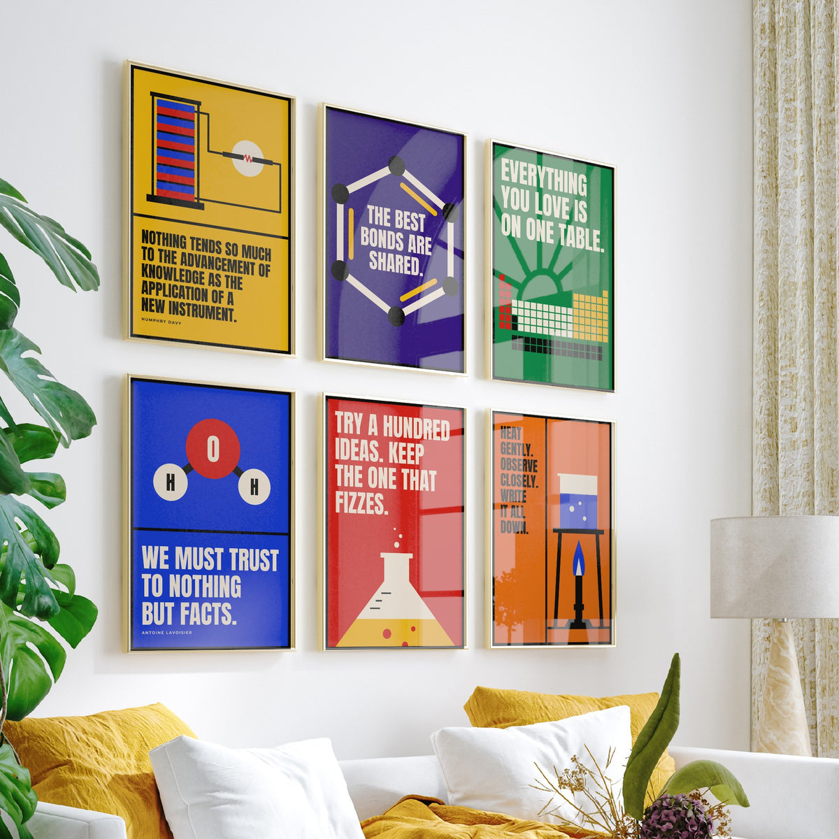 Set of Six Chemistry Quote Art Prints - 6 Bauhaus Science Posters - Minimalist Science Illustration - Periodic Table, Flask, Benzene