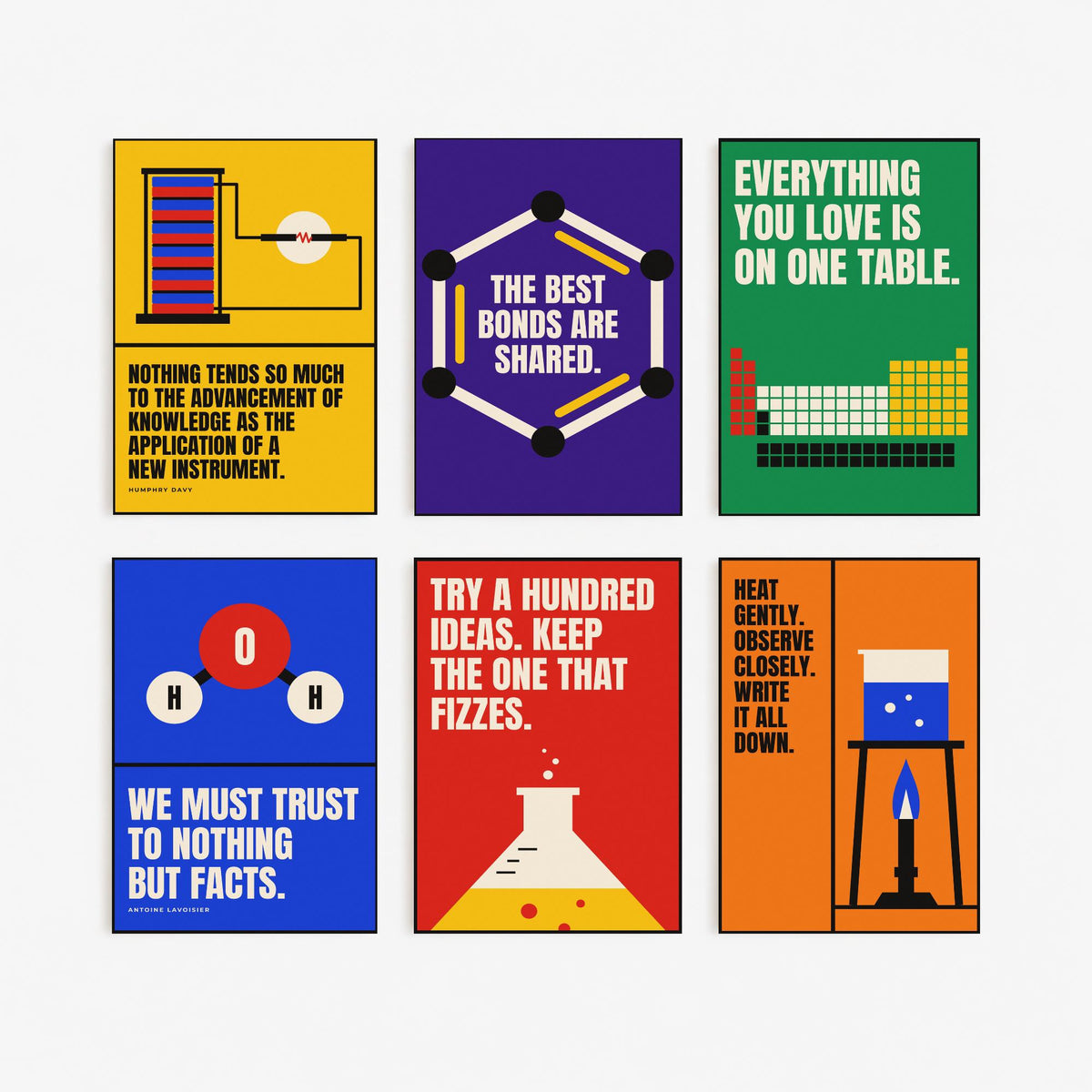Set of Six Chemistry Quote Art Prints - 6 Bauhaus Science Posters - Minimalist Science Illustration - Periodic Table, Flask, Benzene