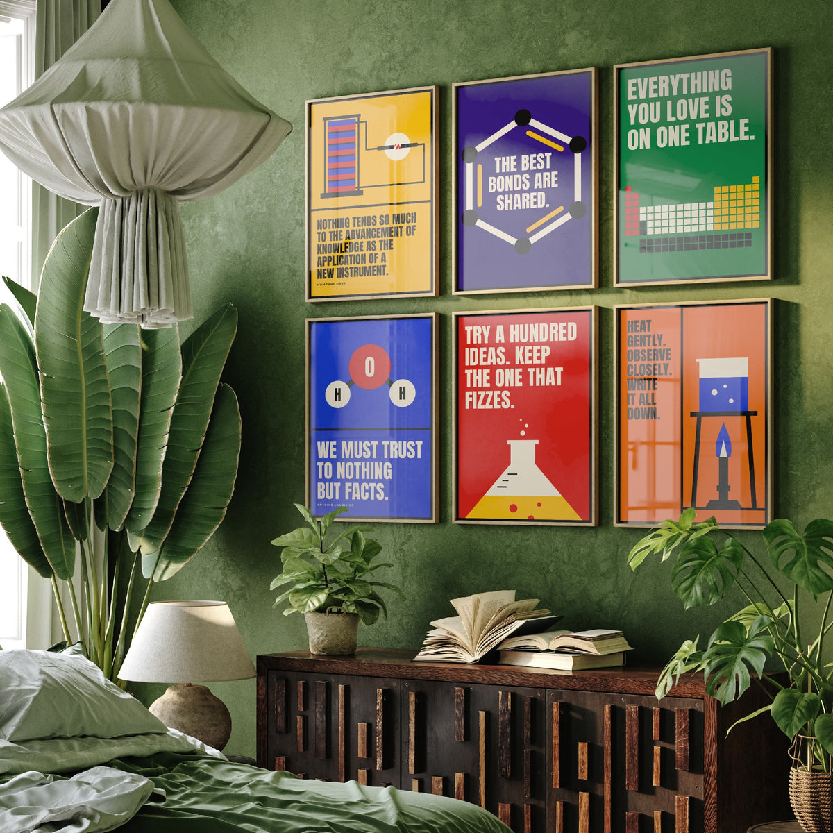 Set of Six Chemistry Quote Art Prints - 6 Bauhaus Science Posters - Minimalist Science Illustration - Periodic Table, Flask, Benzene