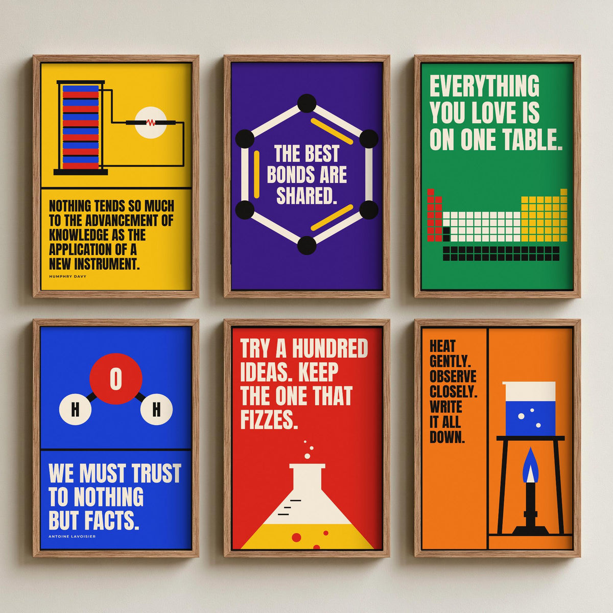 Set of Six Chemistry Quote Art Prints - 6 Bauhaus Science Posters - Minimalist Science Illustration - Periodic Table, Flask, Benzene