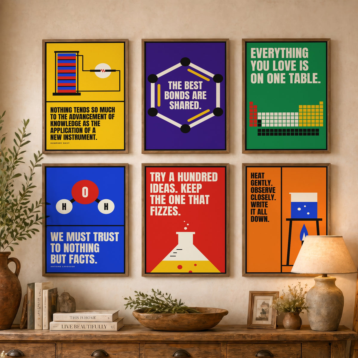 Set of Six Chemistry Quote Art Prints - 6 Bauhaus Science Posters - Minimalist Science Illustration - Periodic Table, Flask, Benzene