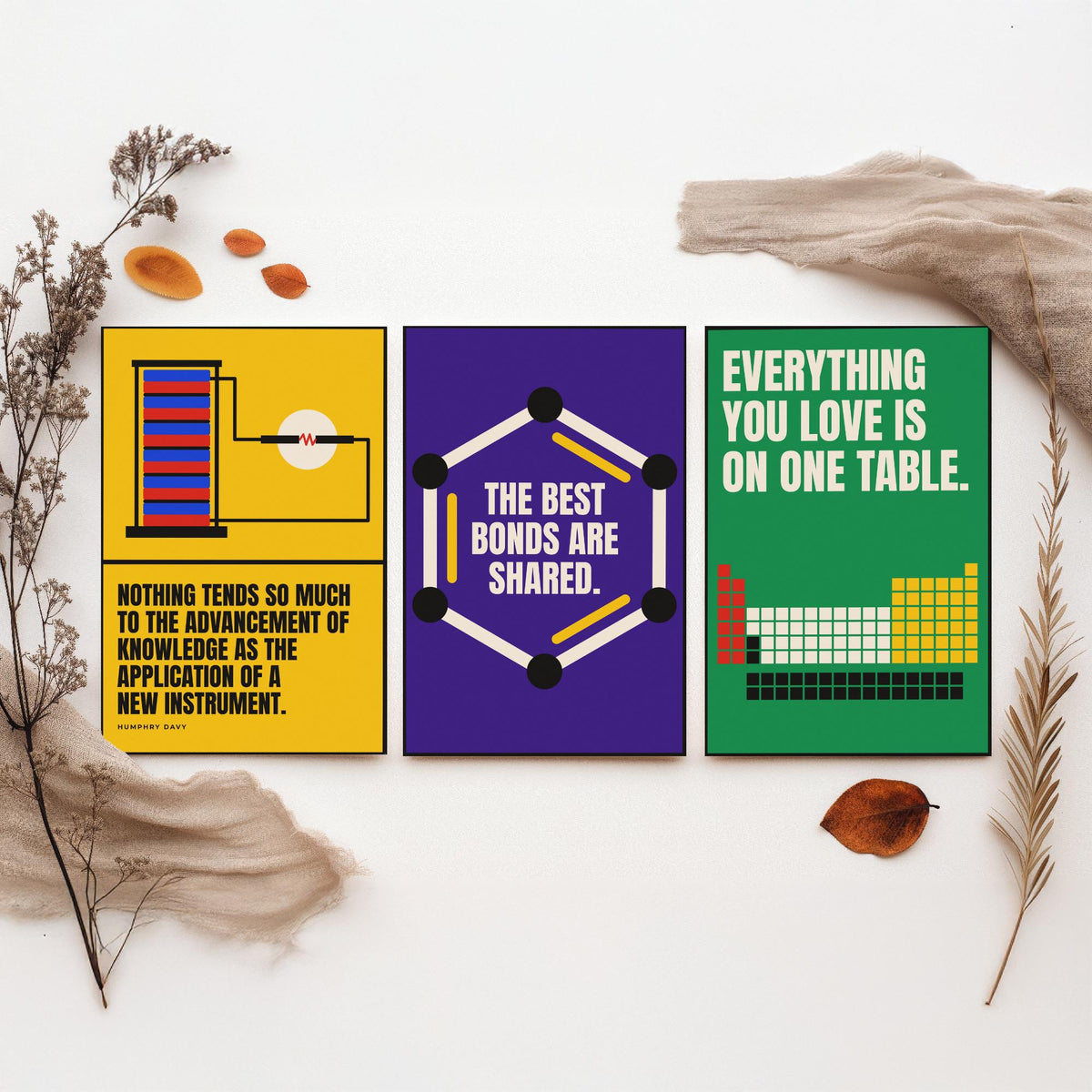Chemistry Quotes Set of Three Art Prints - 3 Bauhaus Science Posters - Minimalist Science Wall Art Illustration V1