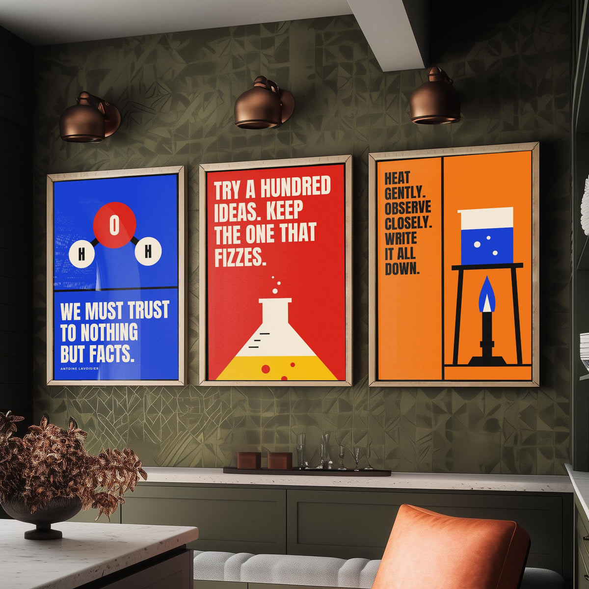Chemistry Quotes Set of Three Art Prints - 3 Retro Bauhaus Science Posters - Minimalist Science Wall Art Illustration V2