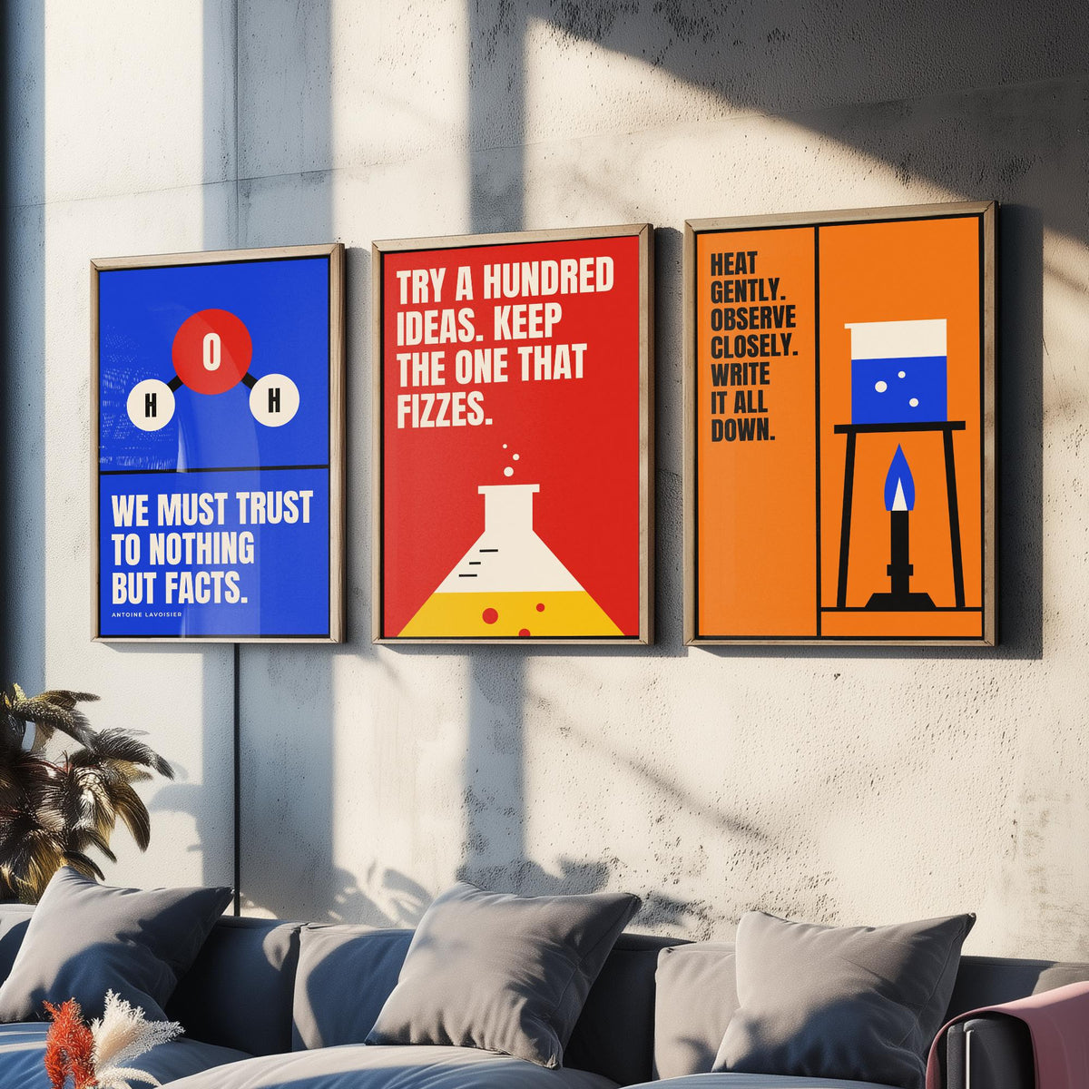 Chemistry Quotes Set of Three Art Prints - 3 Retro Bauhaus Science Posters - Minimalist Science Wall Art Illustration V2