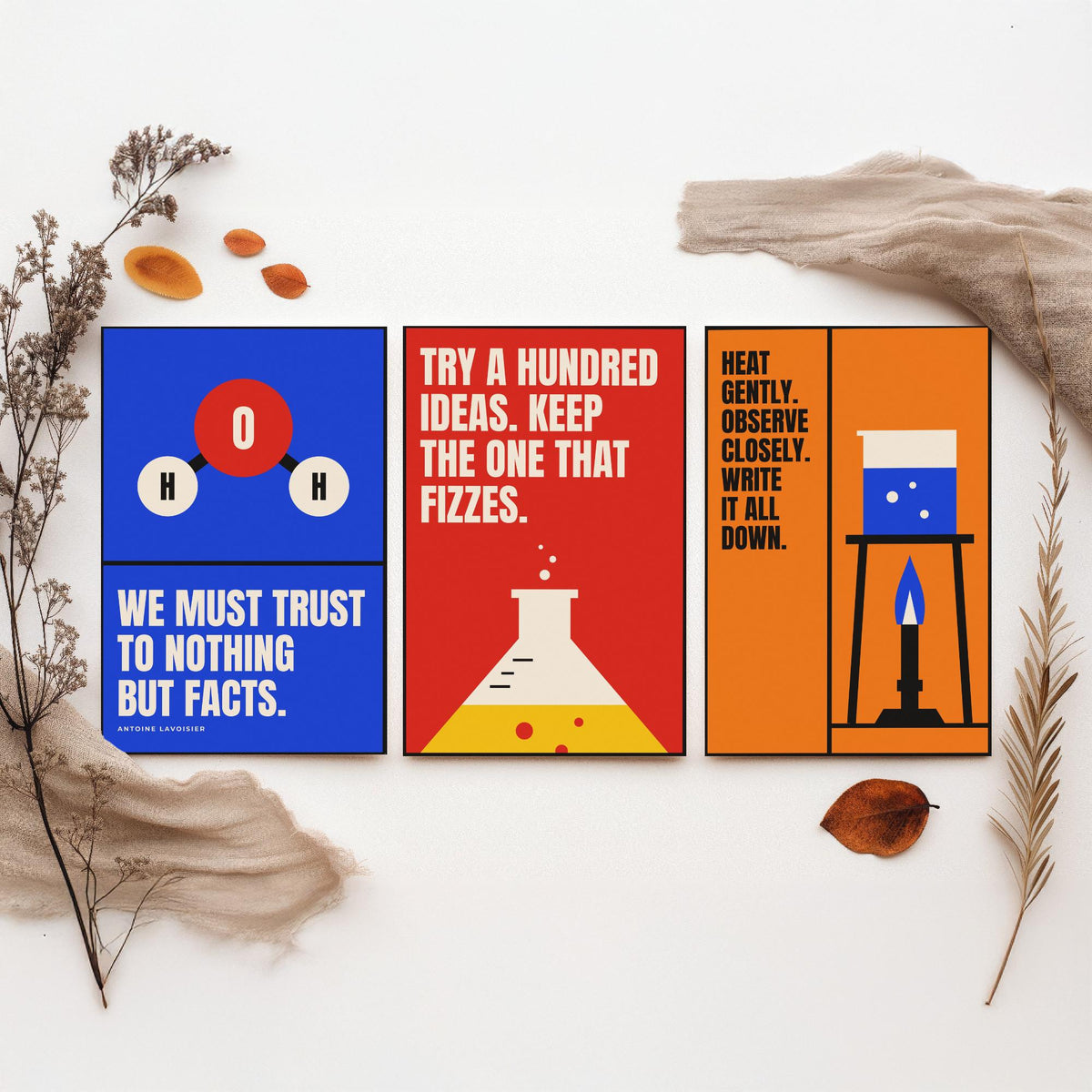 Chemistry Quotes Set of Three Art Prints - 3 Retro Bauhaus Science Posters - Minimalist Science Wall Art Illustration V2