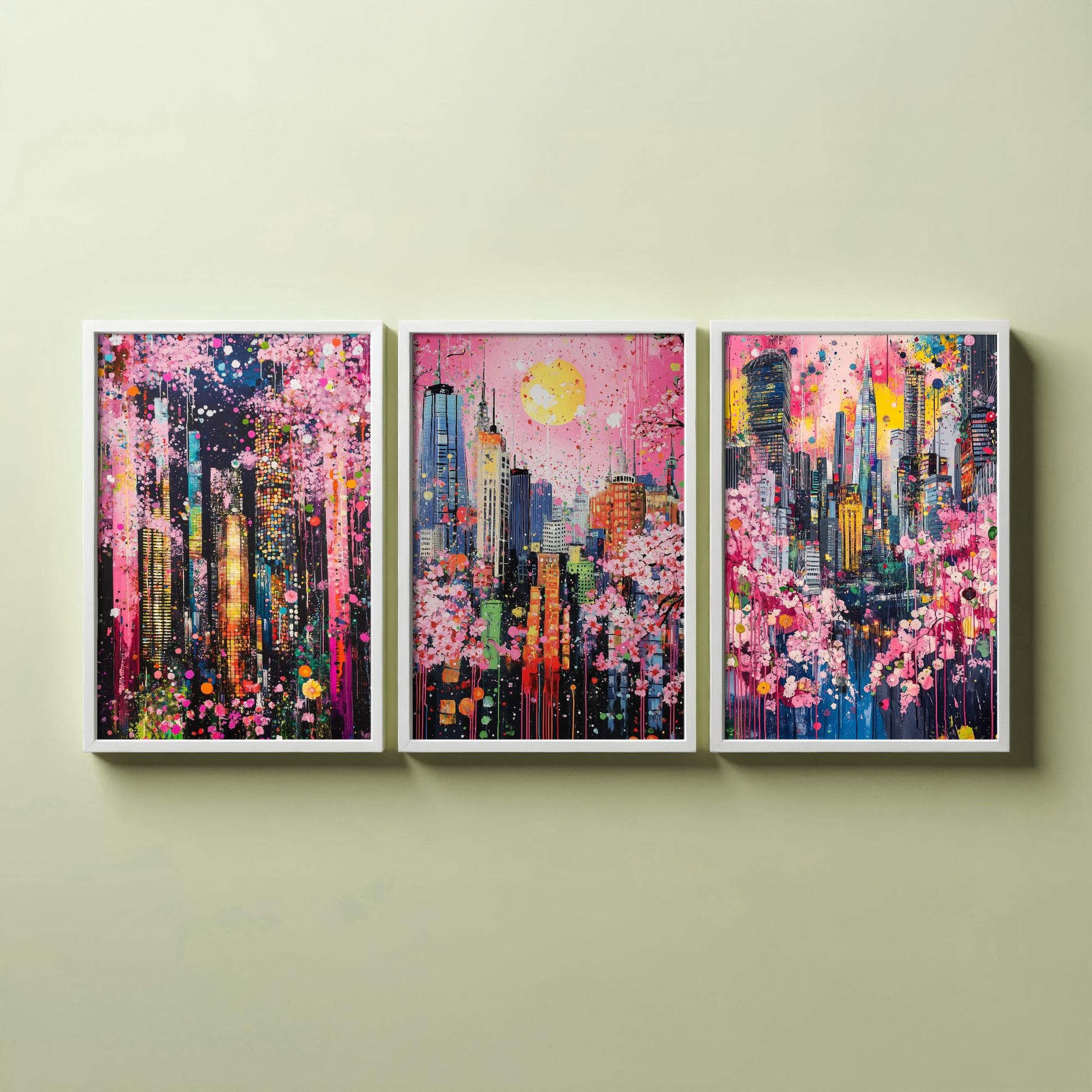 Cherry Blossom City Set of Three Art Prints - Abstract Skyline Panorama - Vibrant Splatter Painting Poster Wall Decor Pink