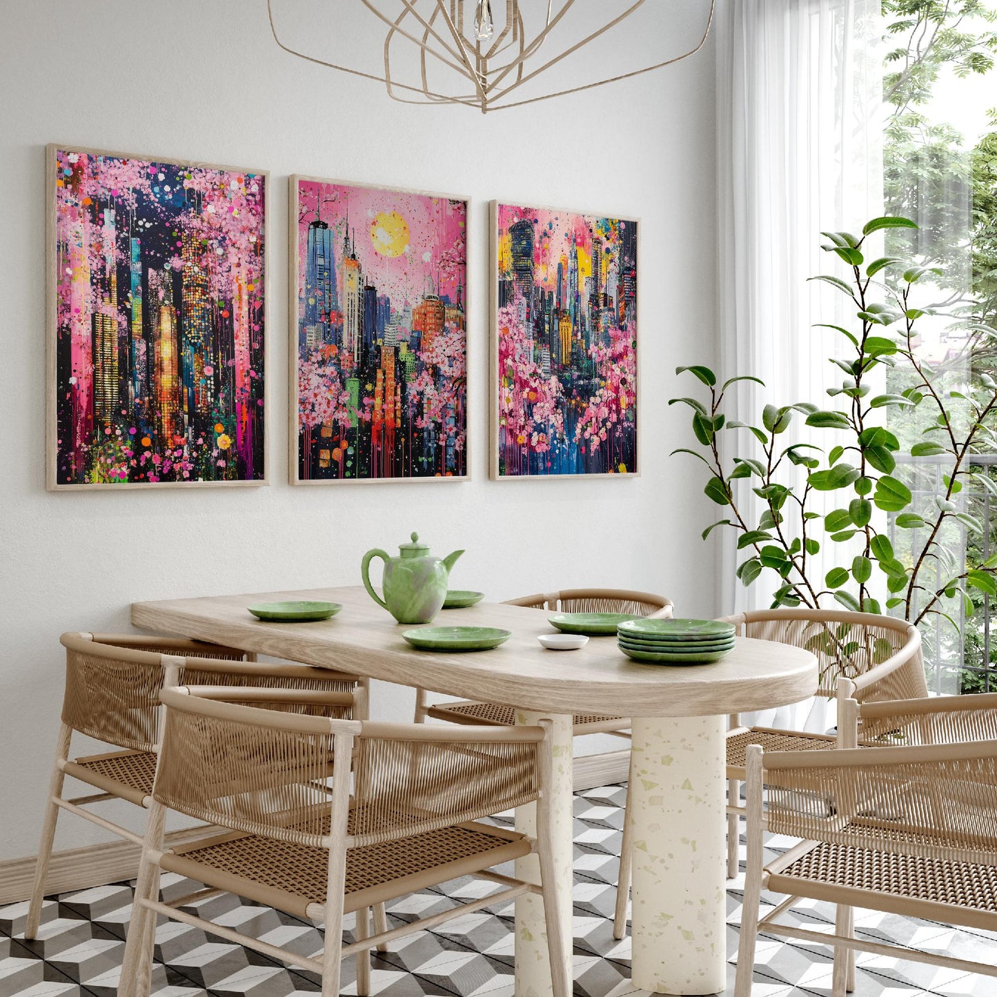 Cherry Blossom City Set of Three Art Prints - Abstract Skyline Panorama - Vibrant Splatter Painting Poster Wall Decor Pink
