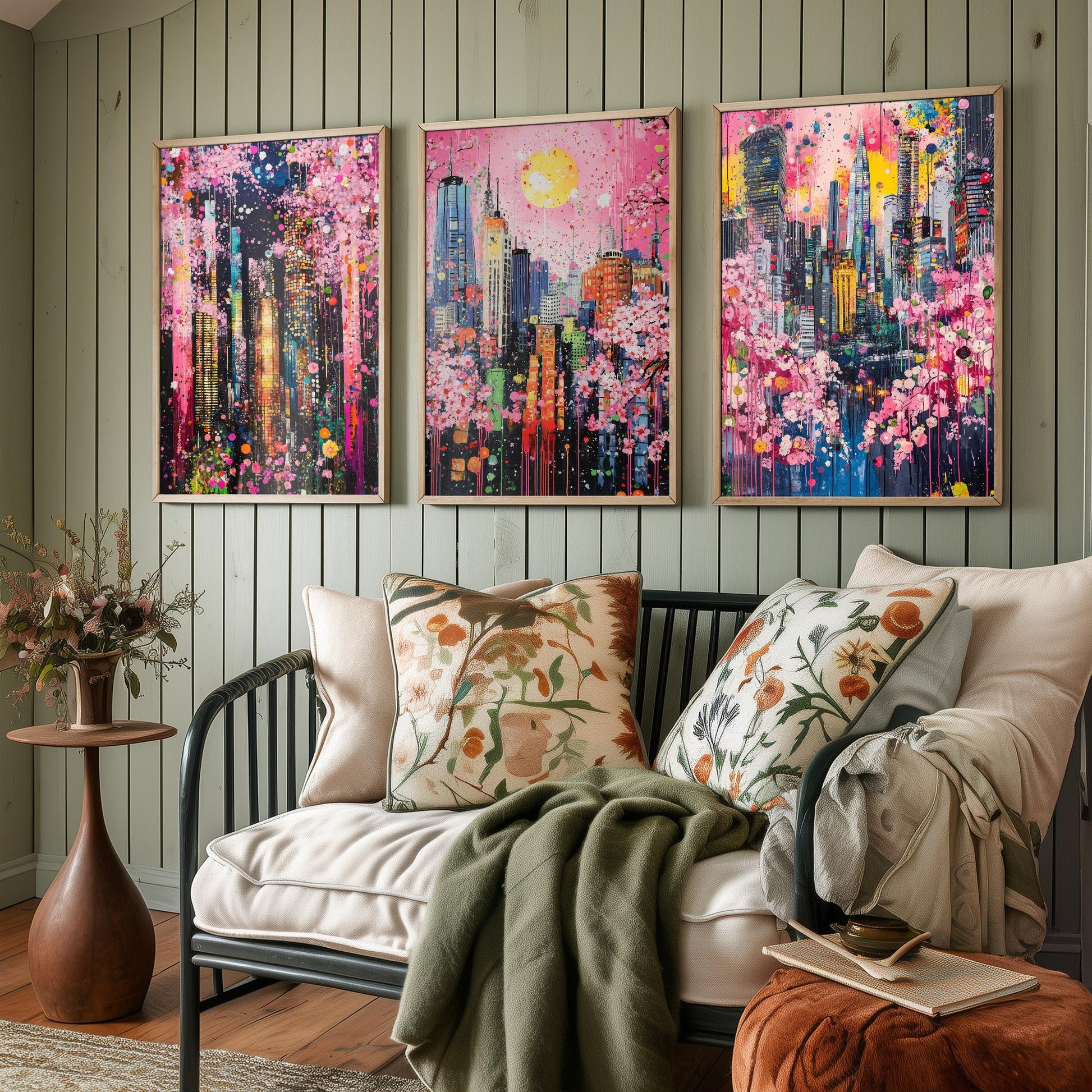 Cherry Blossom City Set of Three Art Prints - Abstract Skyline Panorama - Vibrant Splatter Painting Poster Wall Decor Pink