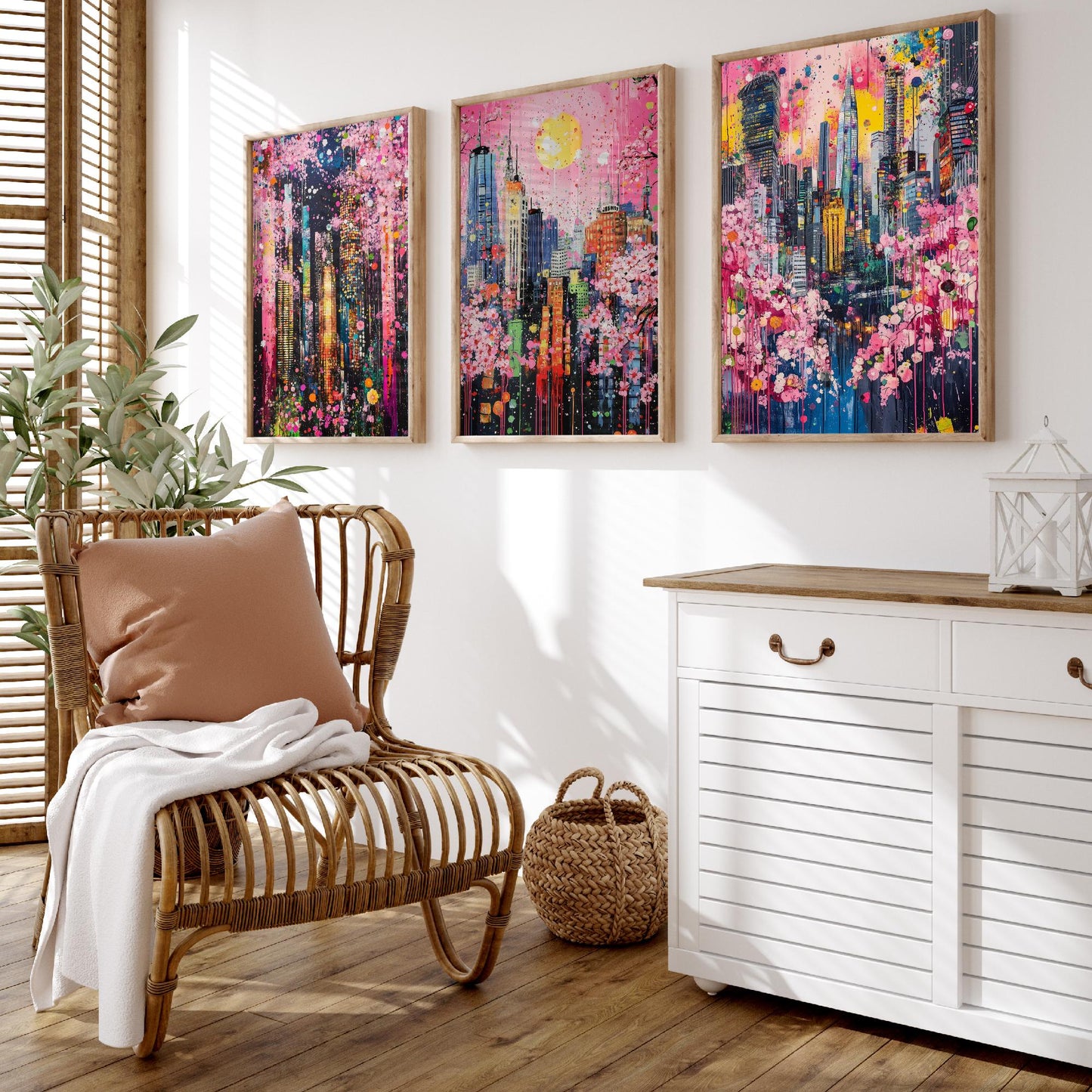 Cherry Blossom City Set of Three Art Prints - Abstract Skyline Panorama - Vibrant Splatter Painting Poster Wall Decor Pink