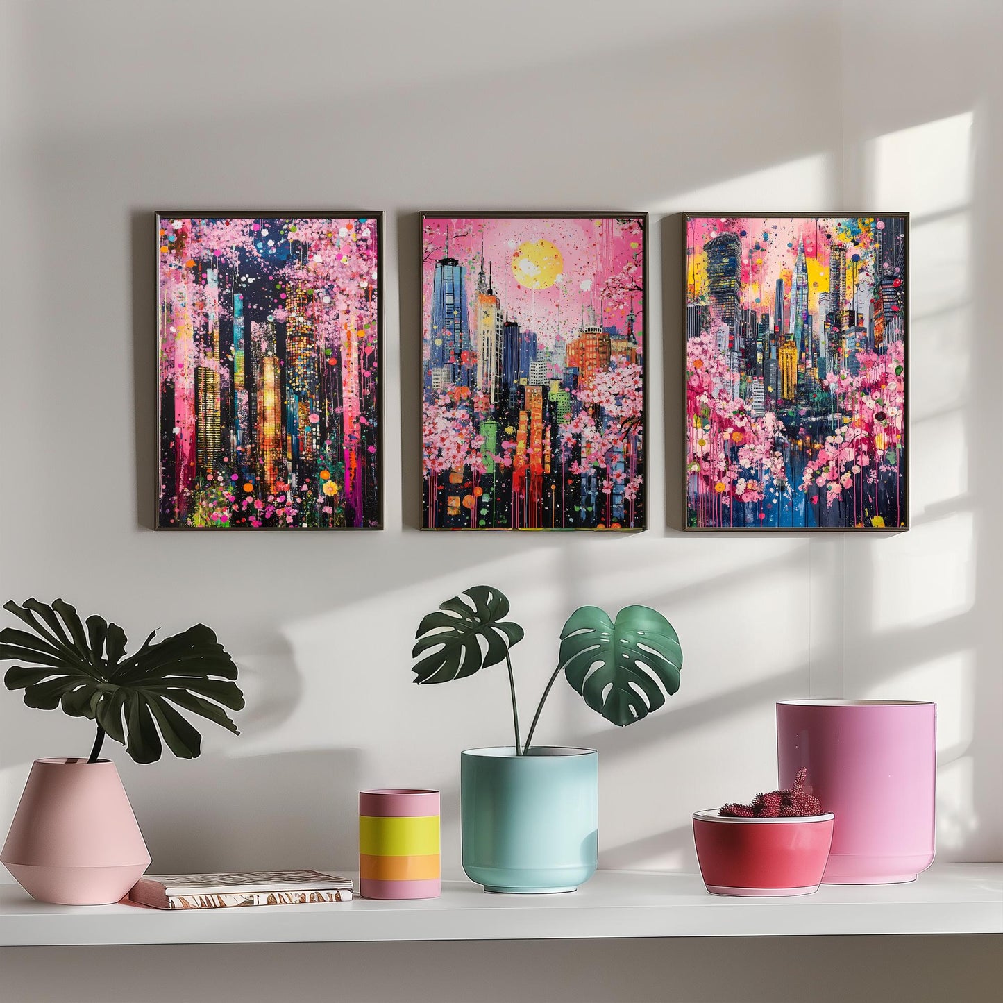 Cherry Blossom City Set of Three Art Prints - Abstract Skyline Panorama - Vibrant Splatter Painting Poster Wall Decor Pink