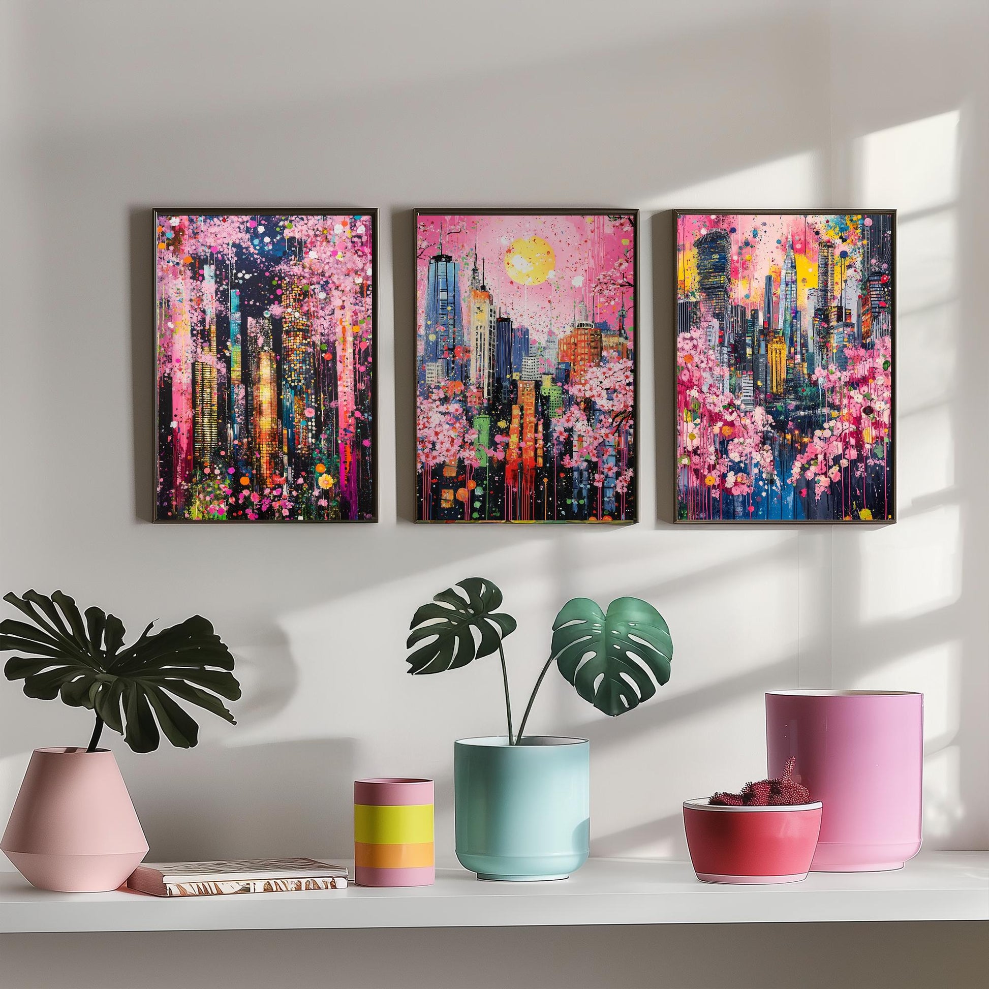 Cherry Blossom City Set of Three Art Prints - Abstract Skyline Panorama - Vibrant Splatter Painting Poster Wall Decor Pink