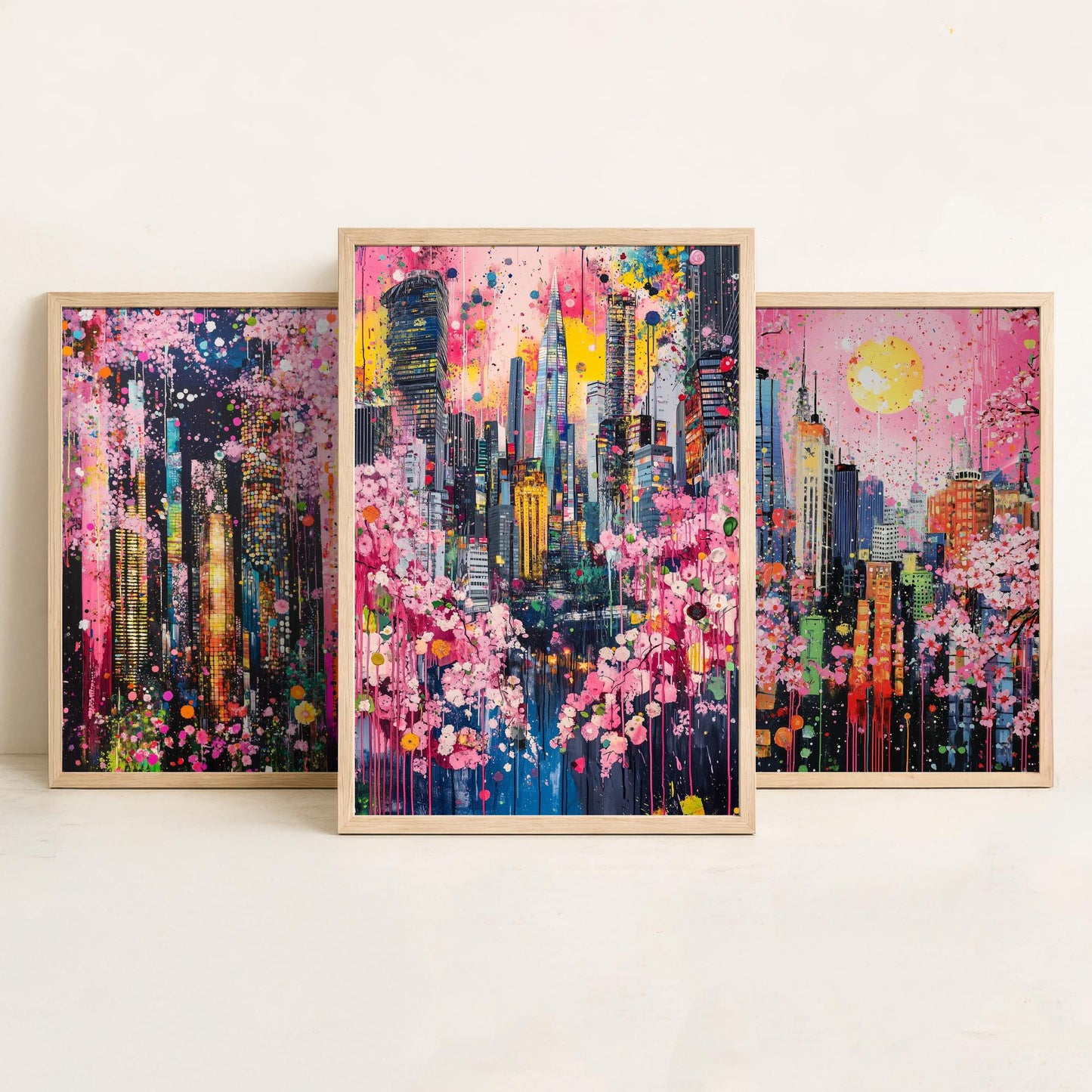 Cherry Blossom City Set of Three Art Prints - Abstract Skyline Panorama - Vibrant Splatter Painting Poster Wall Decor Pink