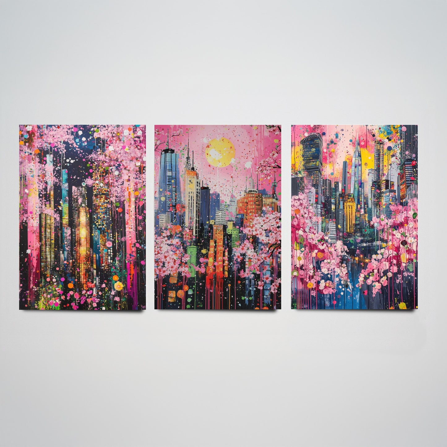 Cherry Blossom City Set of Three Art Prints - Abstract Skyline Panorama - Vibrant Splatter Painting Poster Wall Decor Pink