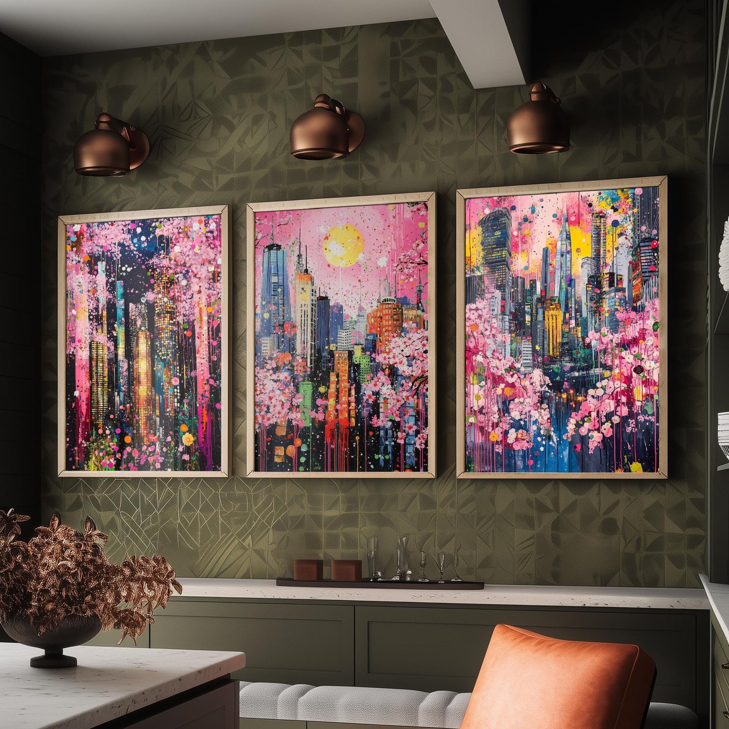 Cherry Blossom City Set of Three Art Prints - Abstract Skyline Panorama - Vibrant Splatter Painting Poster Wall Decor Pink