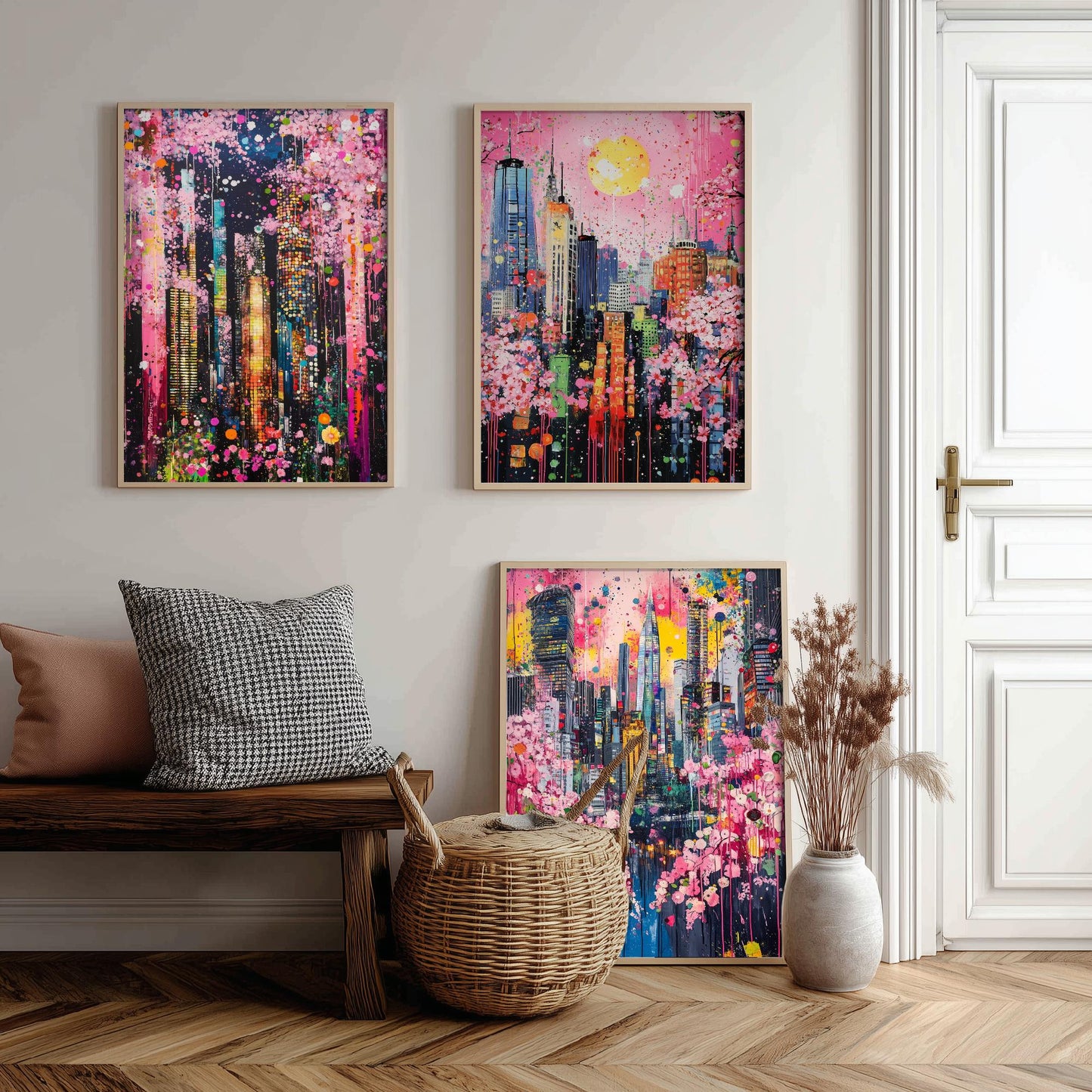 Cherry Blossom City Set of Three Art Prints - Abstract Skyline Panorama - Vibrant Splatter Painting Poster Wall Decor Pink