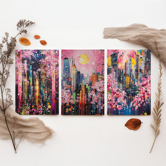 Cherry Blossom City Set of Three Art Prints - Abstract Skyline Panorama - Vibrant Splatter Painting Poster Wall Decor Pink