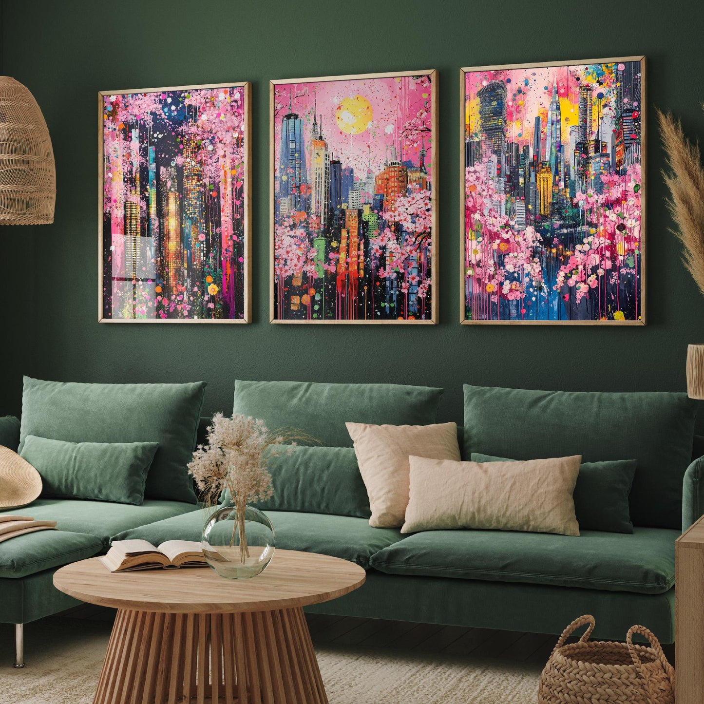 Cherry Blossom City Set of Three Art Prints - Abstract Skyline Panorama - Vibrant Splatter Painting Poster Wall Decor Pink