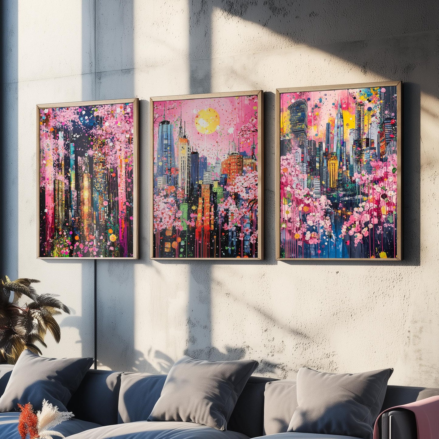 Cherry Blossom City Set of Three Art Prints - Abstract Skyline Panorama - Vibrant Splatter Painting Poster Wall Decor Pink