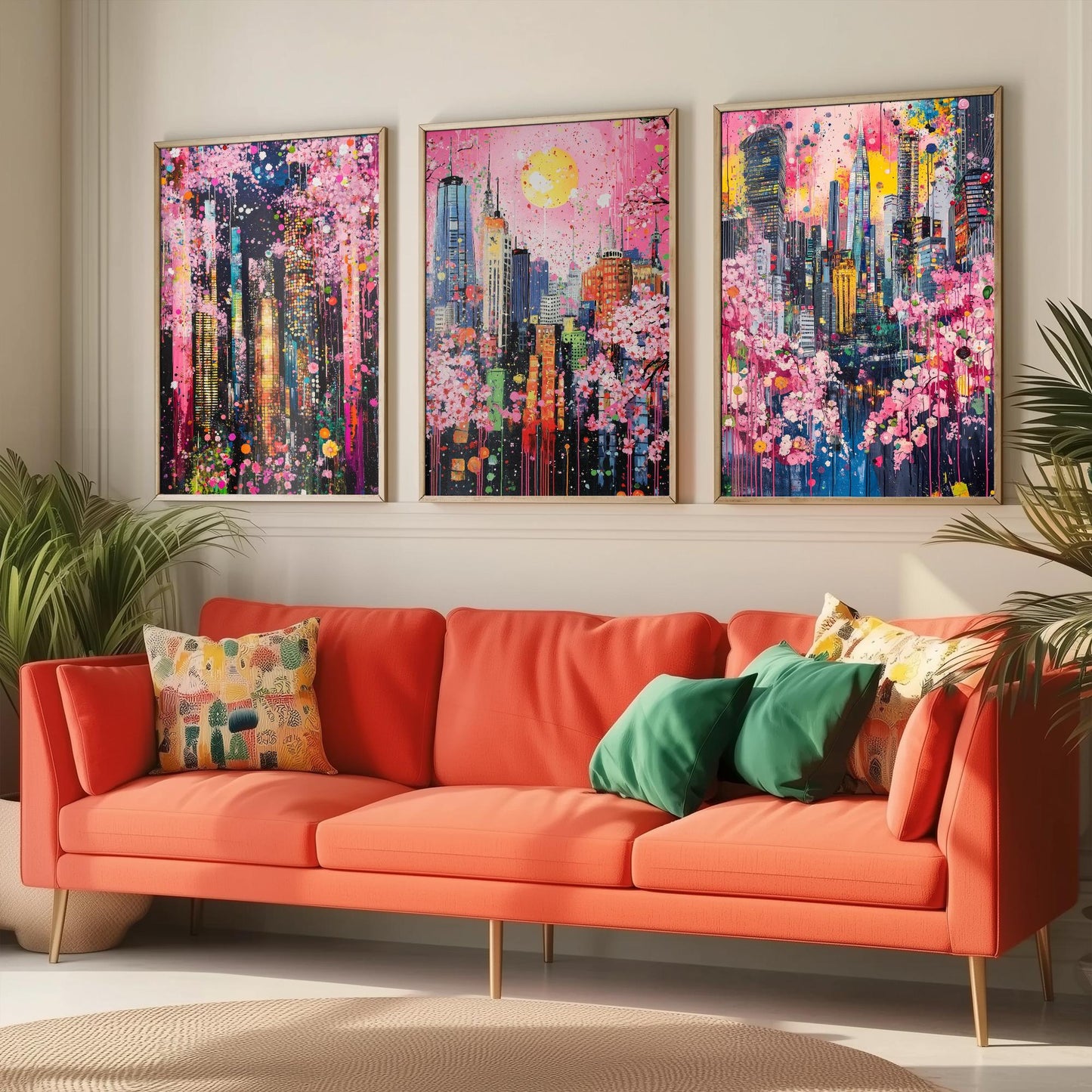 Cherry Blossom City Set of Three Art Prints - Abstract Skyline Panorama - Vibrant Splatter Painting Poster Wall Decor Pink