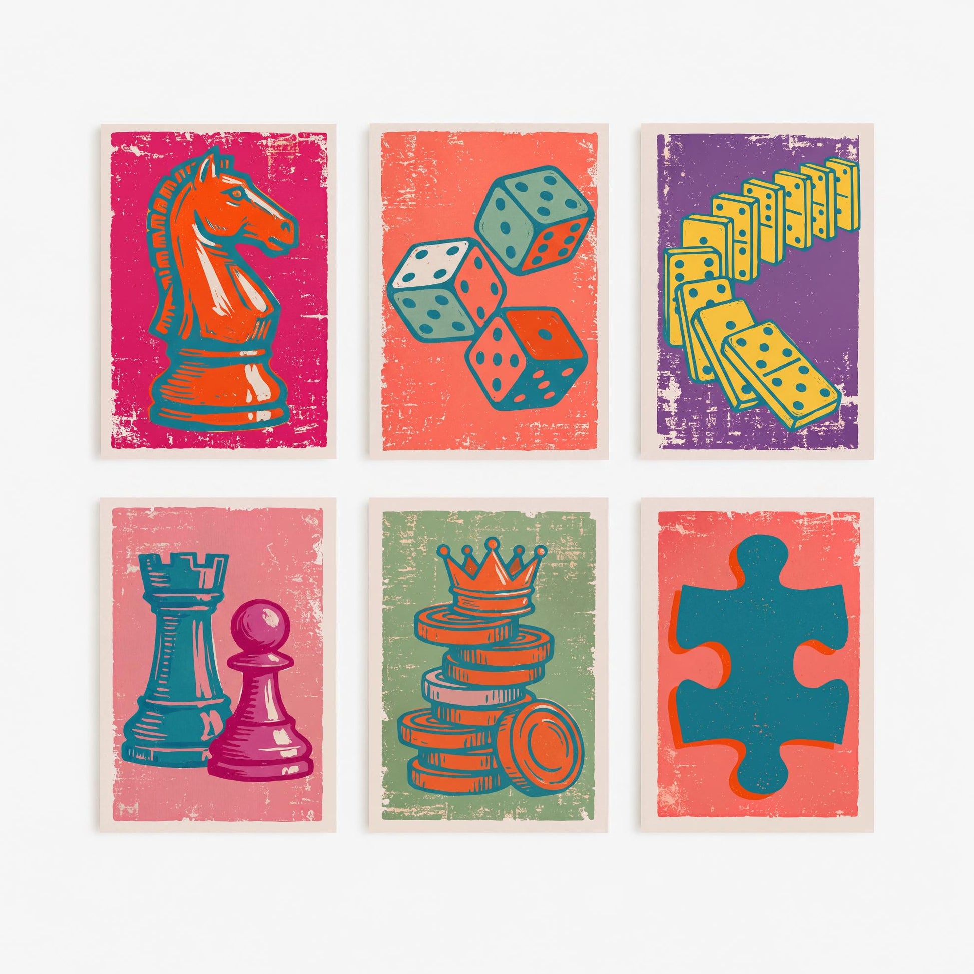 Set of Six Chess and Board Games Art Prints - 6 Linocut Illustrations - Knight, Dice, Dominoes, Rook, Pawn, Checkers, Jigsaw - Game Posters
