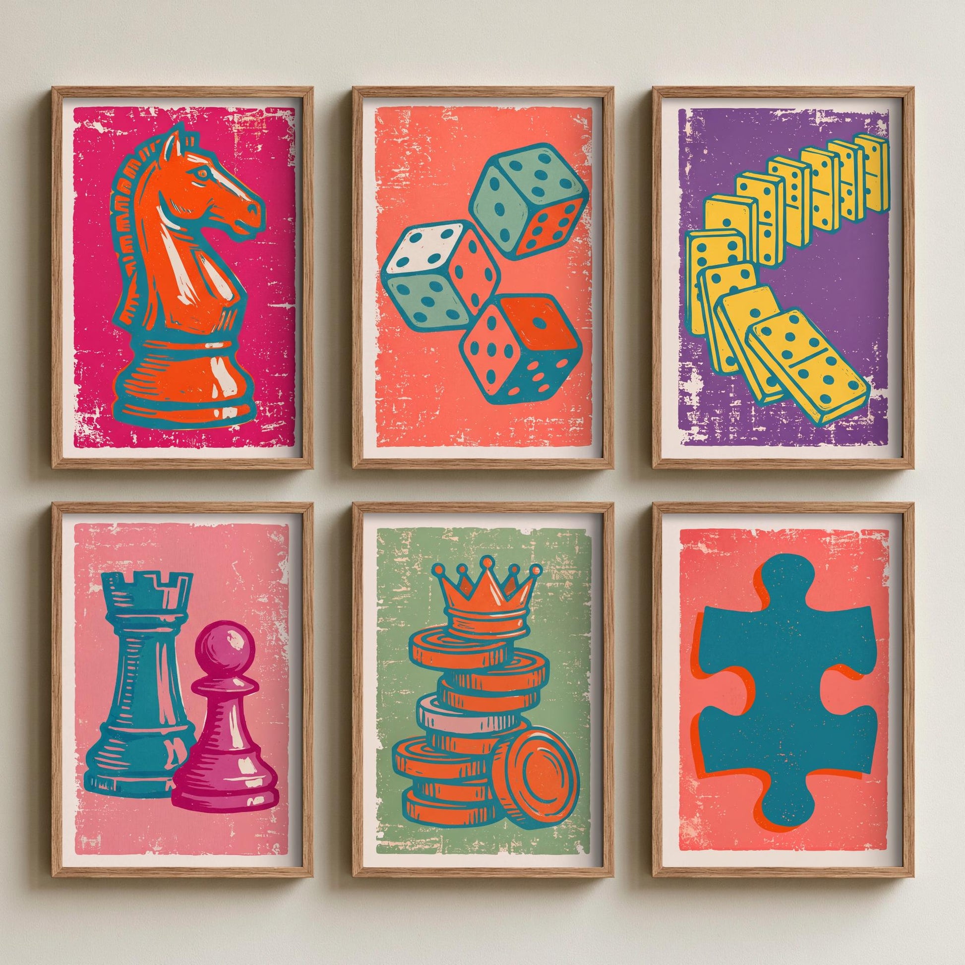 Set of Six Chess and Board Games Art Prints - 6 Linocut Illustrations - Knight, Dice, Dominoes, Rook, Pawn, Checkers, Jigsaw - Game Posters