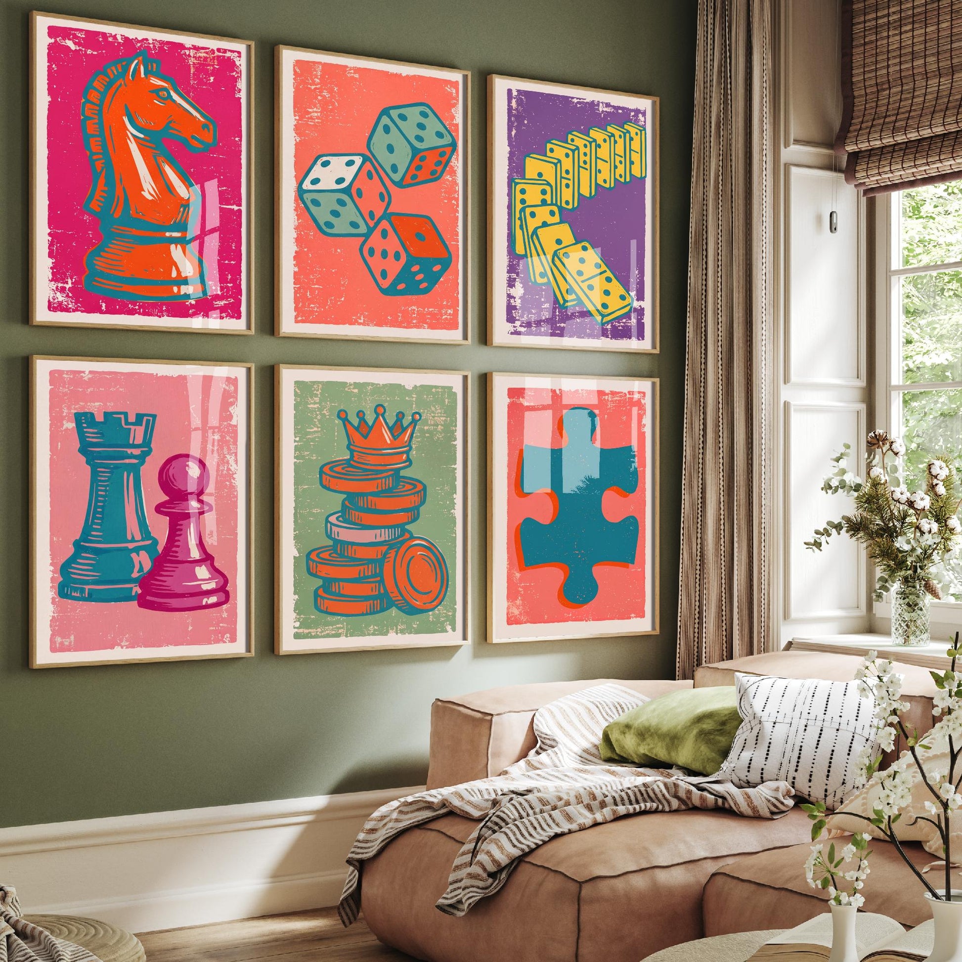 Set of Six Chess and Board Games Art Prints - 6 Linocut Illustrations - Knight, Dice, Dominoes, Rook, Pawn, Checkers, Jigsaw - Game Posters