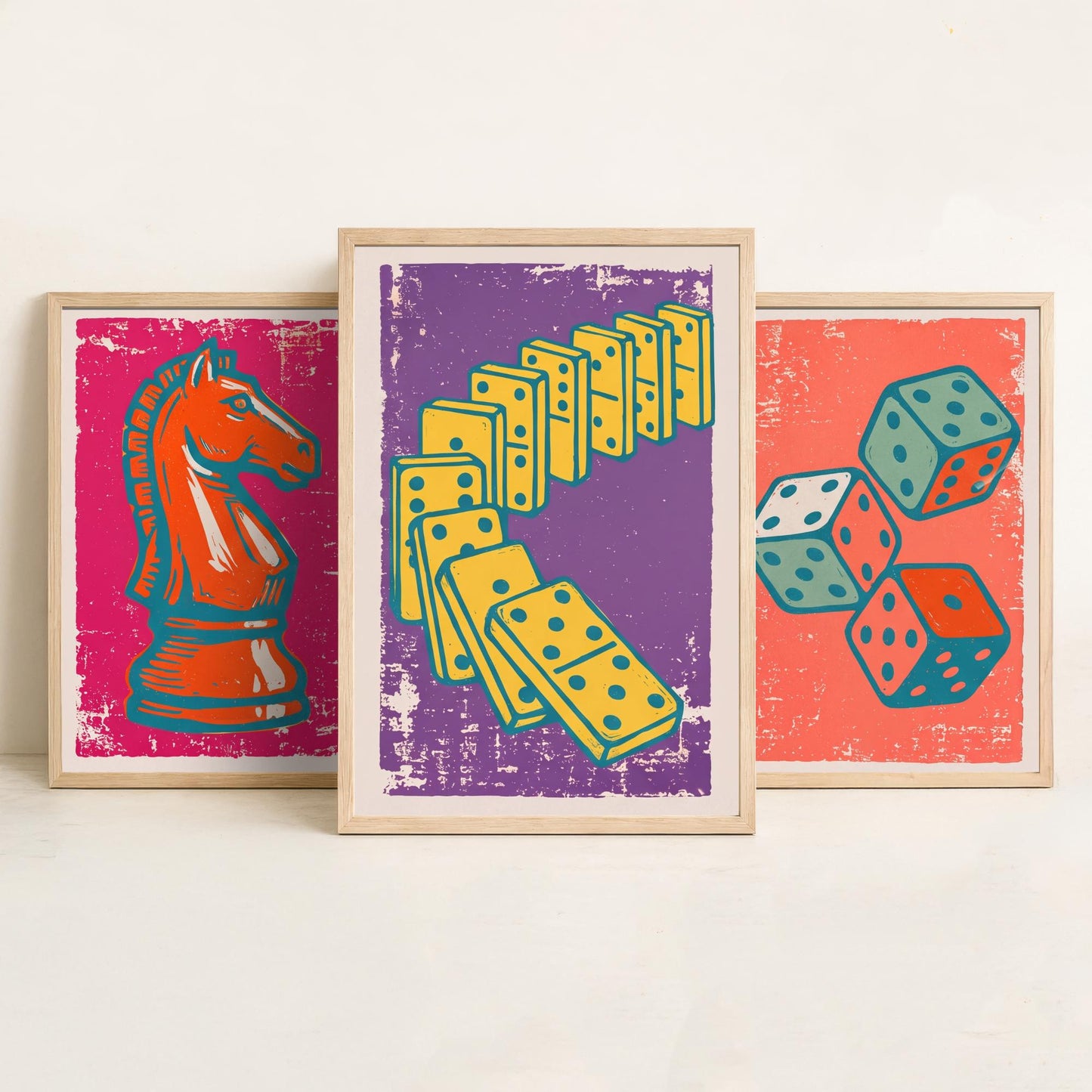 Chess Knight, Dice & Dominoes Set of Three Art Prints - Linocut Board Game Illustrations - Games Room Triptych Posters V1