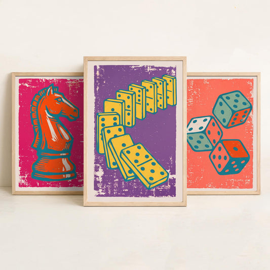 Chess Knight, Dice & Dominoes Set of Three Art Prints - Linocut Board Game Illustrations - Games Room Triptych Posters V1