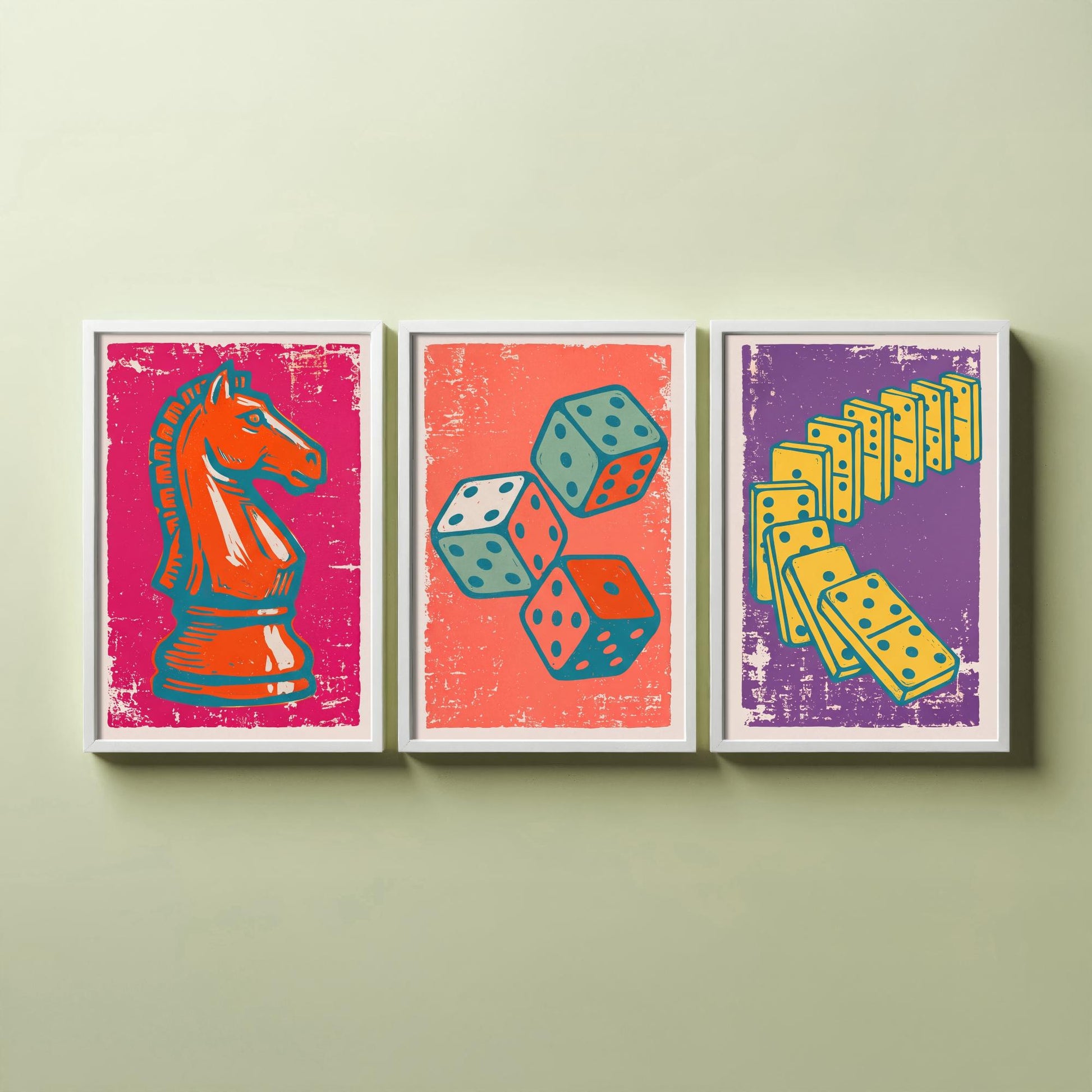 Chess Knight, Dice & Dominoes Set of Three Art Prints - Linocut Board Game Illustrations - Games Room Triptych Posters V1