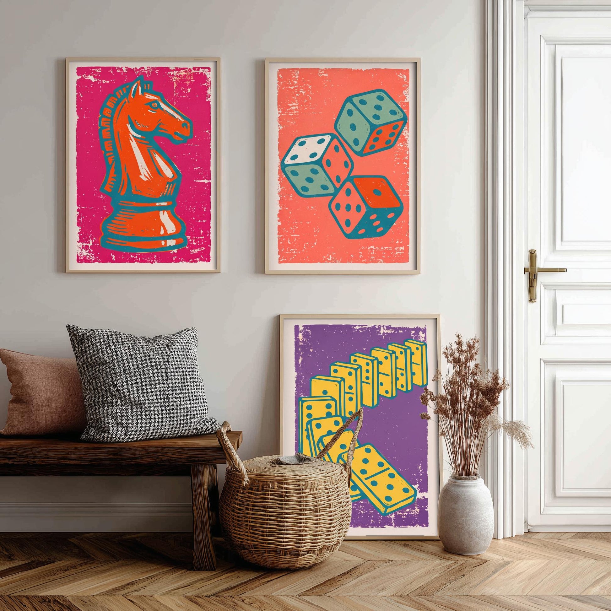 Chess Knight, Dice & Dominoes Set of Three Art Prints - Linocut Board Game Illustrations - Games Room Triptych Posters V1