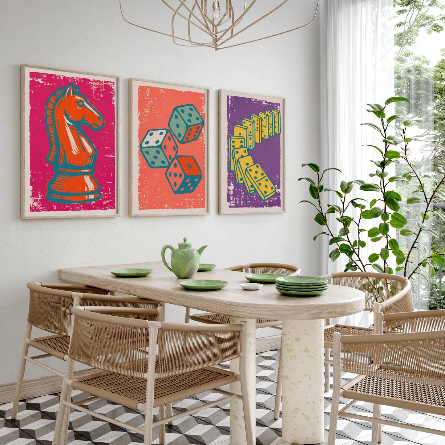 Chess Knight, Dice & Dominoes Set of Three Art Prints - Linocut Board Game Illustrations - Games Room Triptych Posters V1