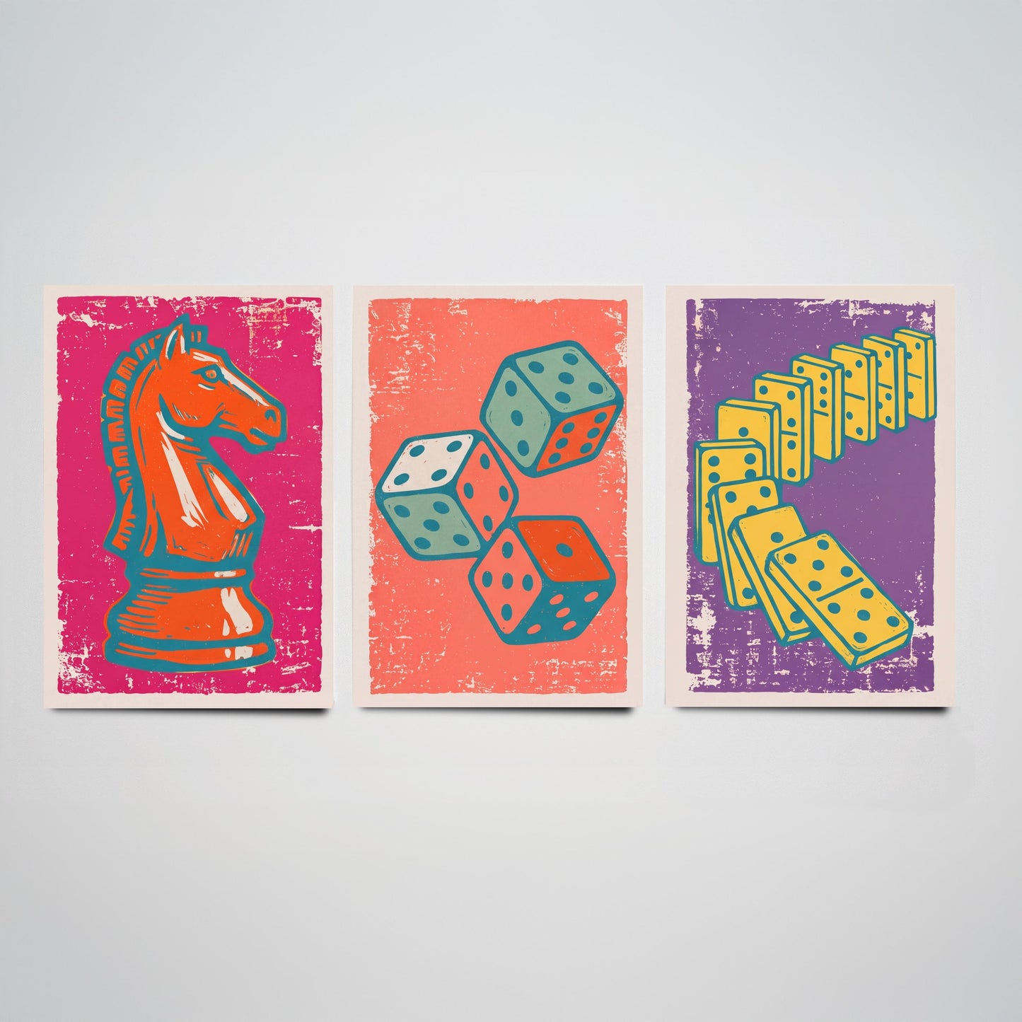 Chess Knight, Dice & Dominoes Set of Three Art Prints - Linocut Board Game Illustrations - Games Room Triptych Posters V1