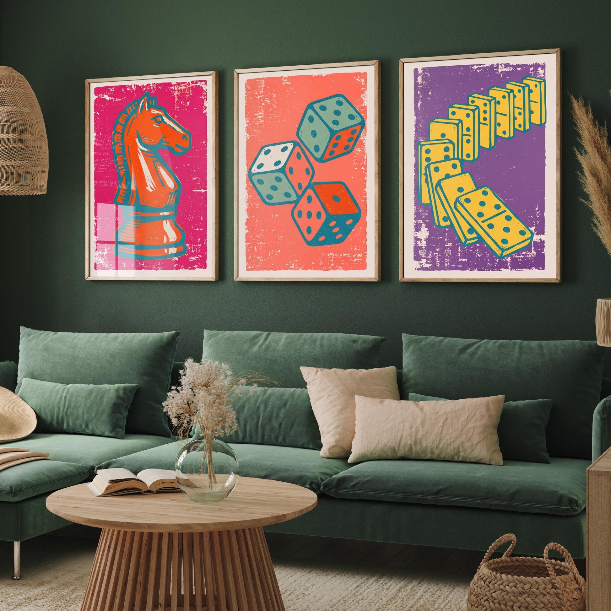 Chess Knight, Dice & Dominoes Set of Three Art Prints - Linocut Board Game Illustrations - Games Room Triptych Posters V1