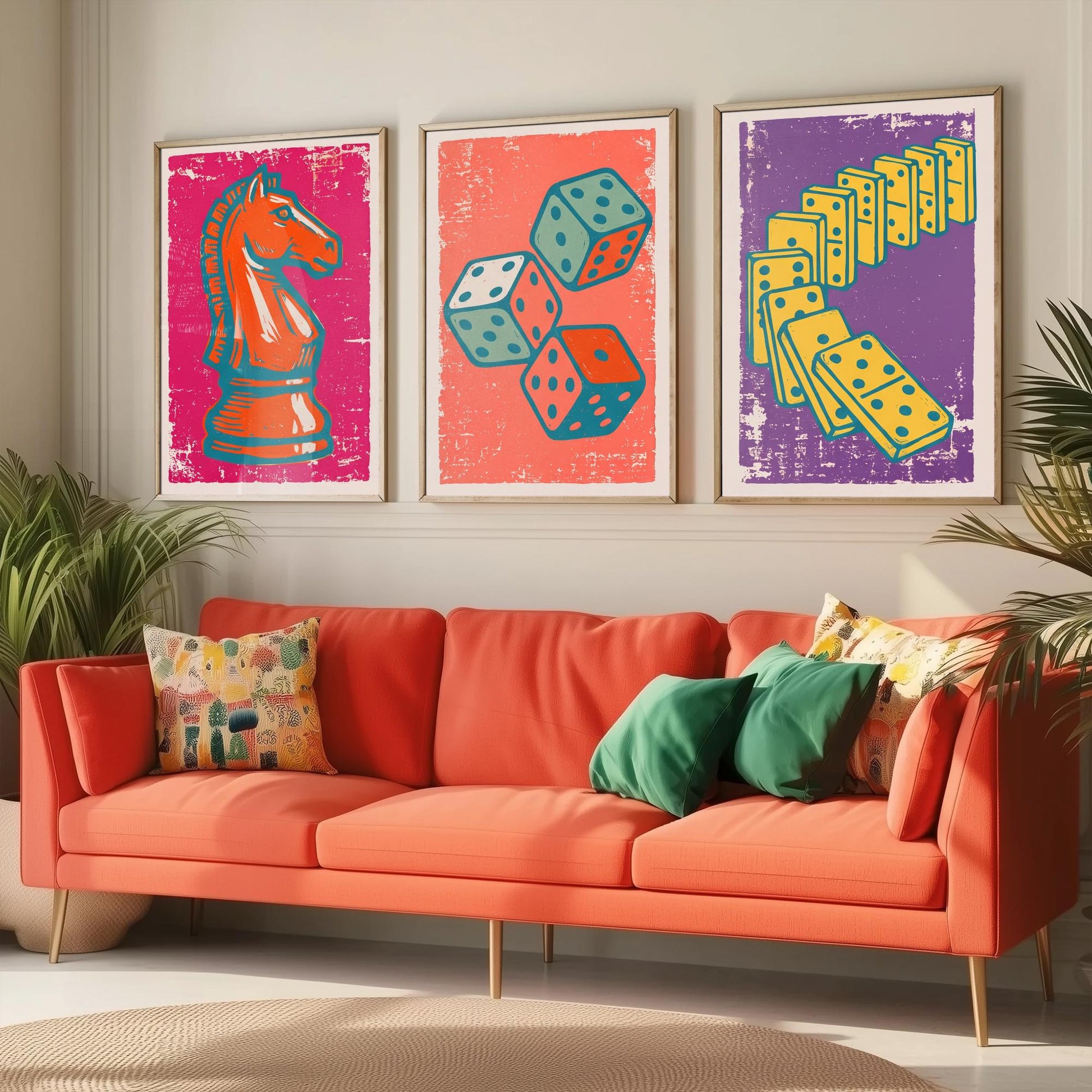 Chess Knight, Dice & Dominoes Set of Three Art Prints - Linocut Board Game Illustrations - Games Room Triptych Posters V1